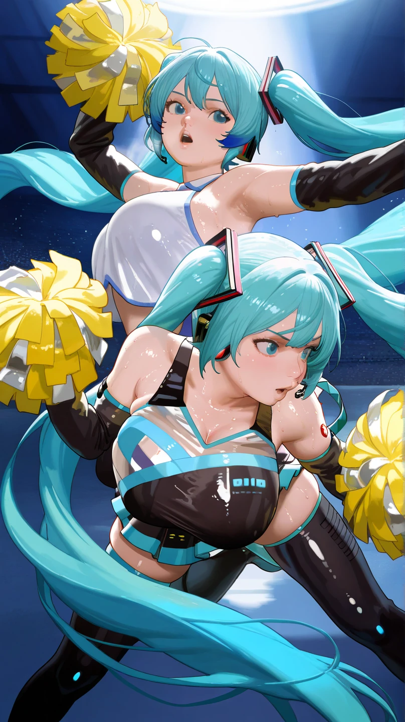 Hatsune Miku and Summoner Yuna having a faceoff, topless, light Goth printed panties and boxing gloves, big , big butt, thick thighs, view from behind