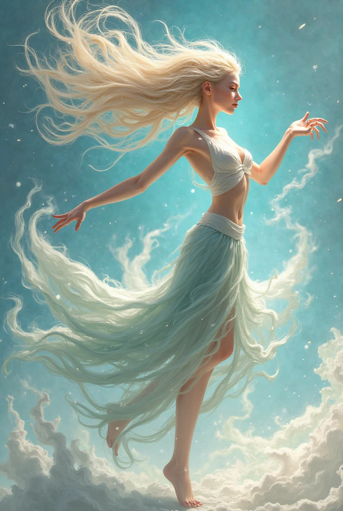 (masterpiece, high detail, high resolution, art style by Greg Rutkowski, depth of field), ((setting: high in the clouds)), (a naked woman floating in the air between volumetric clouds, high in the sky, billowing hair, (background: clouds in the sky), ((pale skin shimmers in sunlight)), (thick long rainbow paint hair: 1.8), sensual, (small breasts: 1.9), (small butt: 1.9), full body view, ((bright background), (gentle smile), relaxed, detailed, (volumetric, level difference detail), warm sharp sunlight, clear air, windy, backlight, contour light, strong but seductive, (((alone))), vibrant colours, flowy white transparent silk fabric around her waist only, (((entire body))) visible