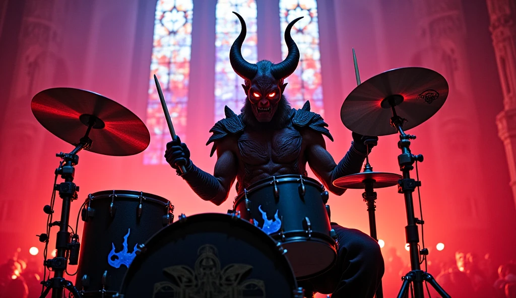 A troll in a cyberpunk setting. The troll is a magician and with various chains, from which bone jewelry dangles, wallpapering. He has horns, red eye, Dreadlocks and tattoos on the face and body. He wears a black patent coat, which is decorated with magical symbols. It is in a large hall with several floors made of concrete, into the rays of light from above.