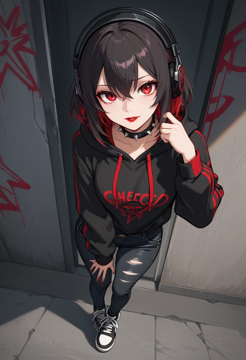 best quality, super fine, detailed black eyes, 16k, incredibly absurdres, extremely detailed, emo highschool girl opening the door inviting you, looking at camera, tilt head, emotionless expression, punk fashion, long black hair, black collar, weird long-sleeves oversized hoodie, full body, dim lights, (magnificent view:1.1) 