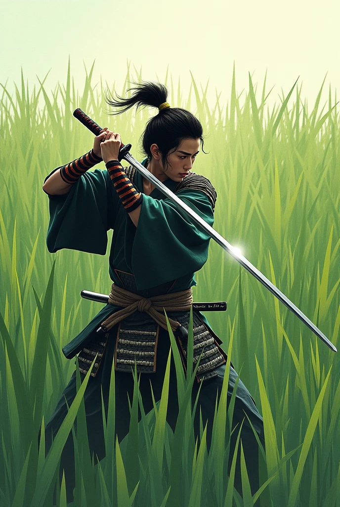a lone ronin in bloody torn robe walking in the rain, bare feet, from behind, (long sword), wavy (tall grass:1.2), sunset, full body, dramatic, backlit, volumetric lighting, (highly detailed:1.2), painting, bloom <hypernet:LuisapAbstract_abstractVersion:0.5>