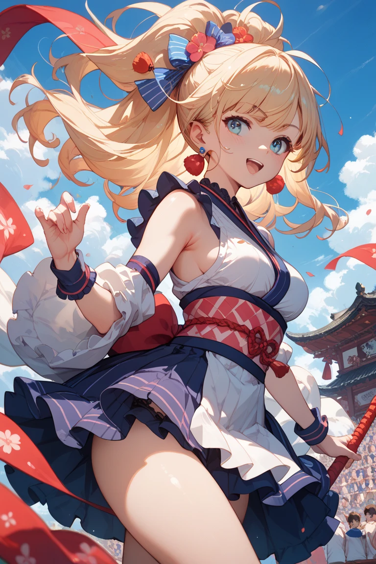 an anime style cartoon drawing of a girl with high heels on the floor, 1girl, solo, Blonde hair, , ass, , breasts, shiranui mai, hosimiya ichigo, red eyes, looking at viewer, ponytail, open mouth, smile, long hair, simple background,Ichigo Hoshimiya (Aikatsu!),Shiranui Mai, Kunoichi Dress