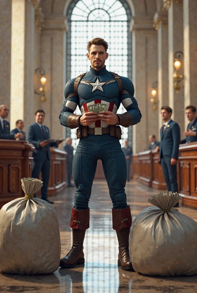 Make a picture in which Captain America is running away with a lot of money and the money is scattered everywhere and the police has surrounded him from all sides 