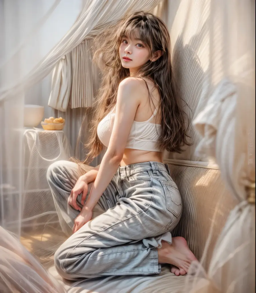 masterpiece、8K、32K、top-quality、(A detailed eye)、(A cute Japanese woman、bangss:1.3)、23years old、1 girl in、elegent、(undergarment:1.1)、a plant、Sit up、(A dark-haired:1.4)、beauty legs