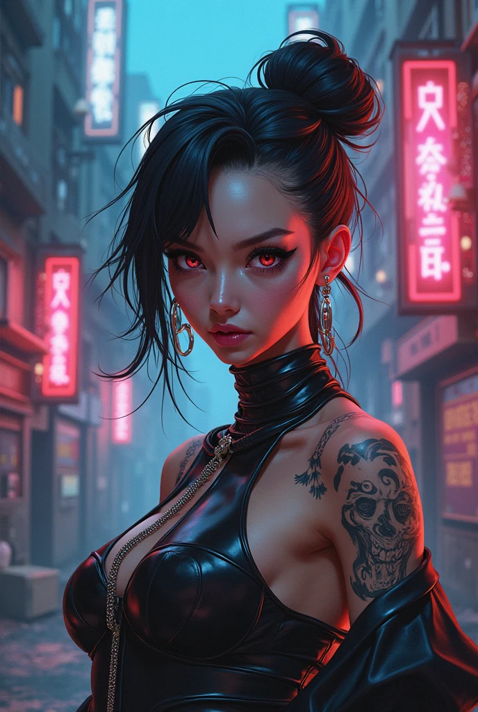 a woman with her arms behind her head, wearing a (leather jacket, with a black crop top low cut tank top:1.3), medium ponytail black hair, in a New York City alley at night, neon lights, by Ilya Kuvshinov