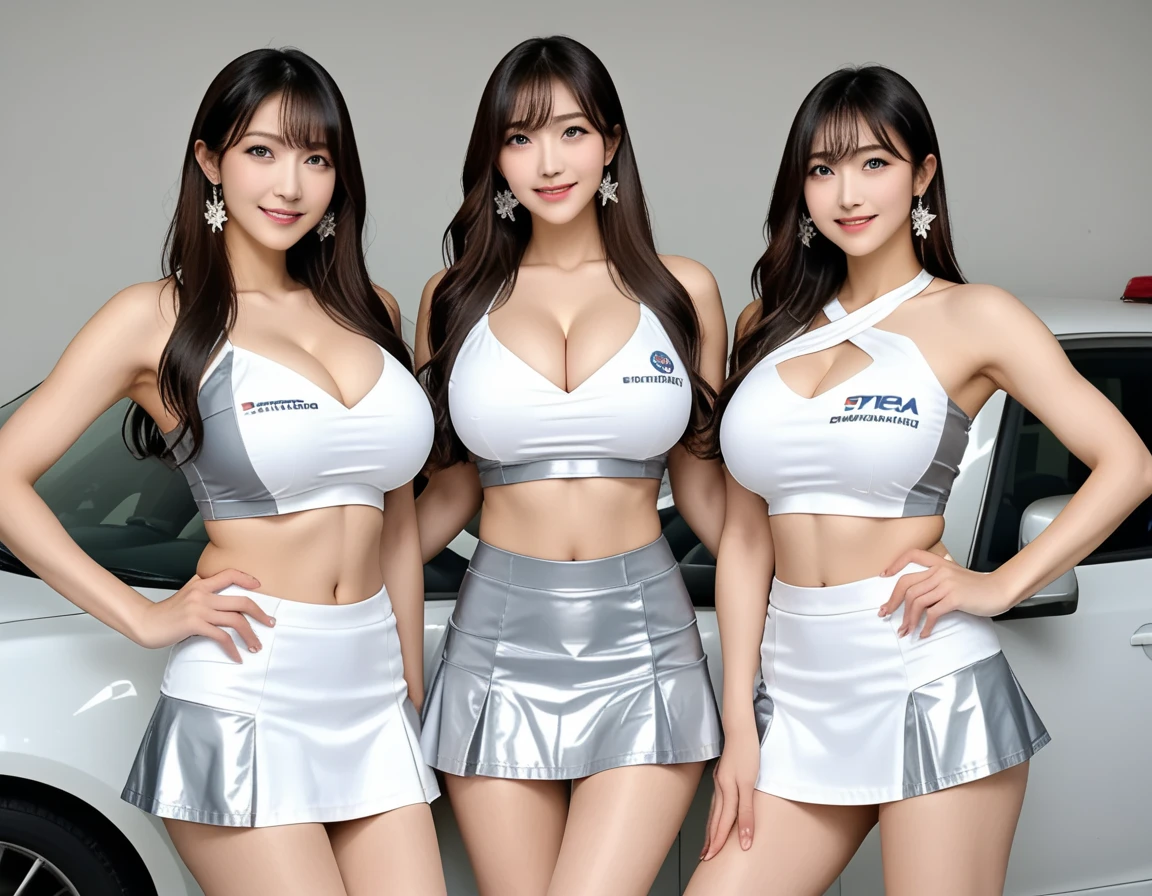 ((((Form fitting blue metallic car racing suit)))),(((Dynamic pose))),(((Abdominal Peek))),(((Show under the chest ))),(((Blue metallic and white miniskirt lift))),Earrings、(Cylace queen long boots:2.0)、(Good topless:2.0)、(Big Breasts:1.3), (smile:1.0), 観客にスポットLightを当てる, (,(Spread your chest wide:1.5), (Sexy pose),(Without helmet), (((Bare inner thighs))),(((F1 cars on display))),Ulzzang-6500-v1.1, (Original photo:1.2), (Realistic:1.4), Three beautiful and delicate girls, Very detailedな目と顔, Beautiful and delicate eyes, Very detailed, High resolution, highest quality,masterpiece, Very detailed, 8k wallpaper, wonderful, Fine details, highest quality, There is Light on the face,Light,One Girl,(Car Race Track),Beautiful Eyes,smile,Open your mouth、break,Titty fuck,laRge 胸