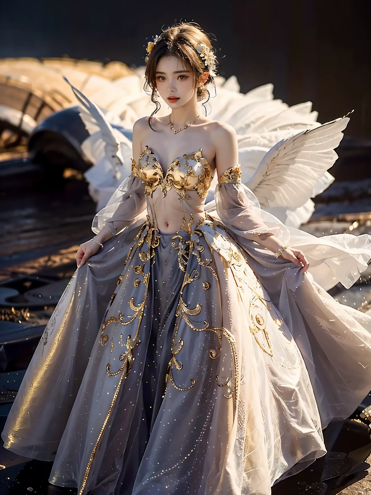 Beautiful and exquisite character images,High-end Zhenyi Station ,gorgeous character image, Delicate fantasy art,Extremely complete details, converter ,hunsha,high-resolution central chest,Asda, A girl in a translucent tight-fitting dress with an exquisite floral pattern,red bow ,Translucent silver latex skirt, 1Girls ,(Small head, shiny golden hair ,beautiful girl wearing translucent body armor ,Beautiful girl is Japanese, , Height 168, proportion 32 20 33), (on her back, Silver feather wings with an exquisite gold pattern..),(open navel, waist ) fine jewelry,exquisite crystal jewelry, Milky Way , beautiful photo, (dynamic lines, Light Rail:1.2), colorful idea,In the garden, mountains as background