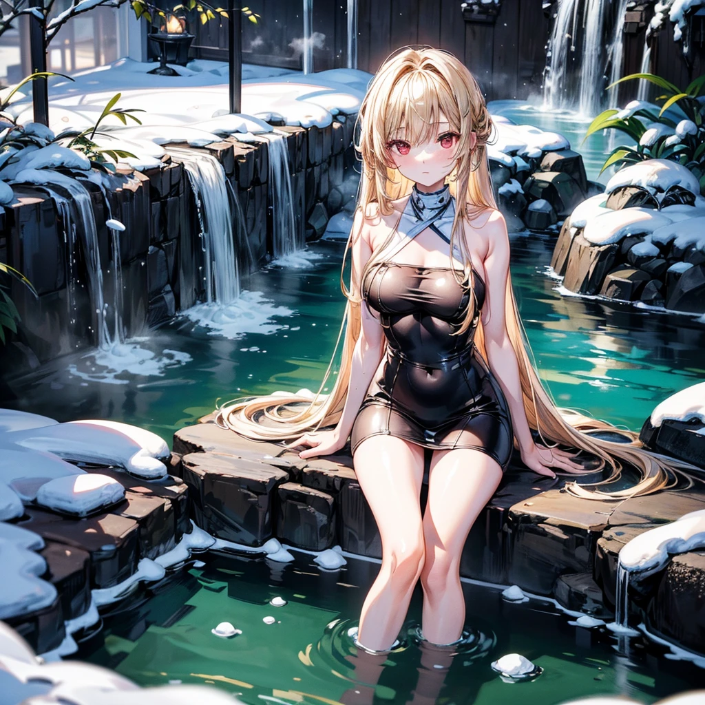 high quality,8K quality,High resolution,(muste piece:1.3),23 year old woman, (white leotard,choker),(brown skin tone,long hair:1.2,wet bright golden hair:1.3,big blue eyes),(Bold pose with legs spread,dynamic pose:1.4),(Soak in a warm hot spring，vaporと静けさに囲まれて，Feels good,Enjoy the healing hot springs),(full of sweat:1.3),open-air bath,steam,vapor,background(1 snow scene, sunrise:1.3),(Wet clothes stuck to my skin,Nipples are visible through clothing,My butt is visible through my clothes.),small breasts,slender, abs:1.2,(young skinny gravure idol, sophisticated gravure idol),(detailed perfect face),normal hand,normal finger,normal foot,(cameltoe, camel toe,Mansuji)