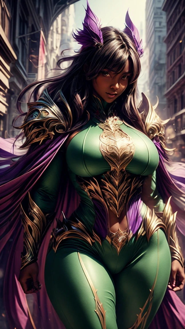 Woman between 30 years, strong, muscular, model, long hair, demonic smile, manic smile, afro hair, voluminous wavy hair, green hair, optimistic, smiling, cheerful, destroying, black detailed armor, warrior, black epic armor, black divine armor, black infernal armor, black devilish armor, conan, womanizer, muscles, full body, full body