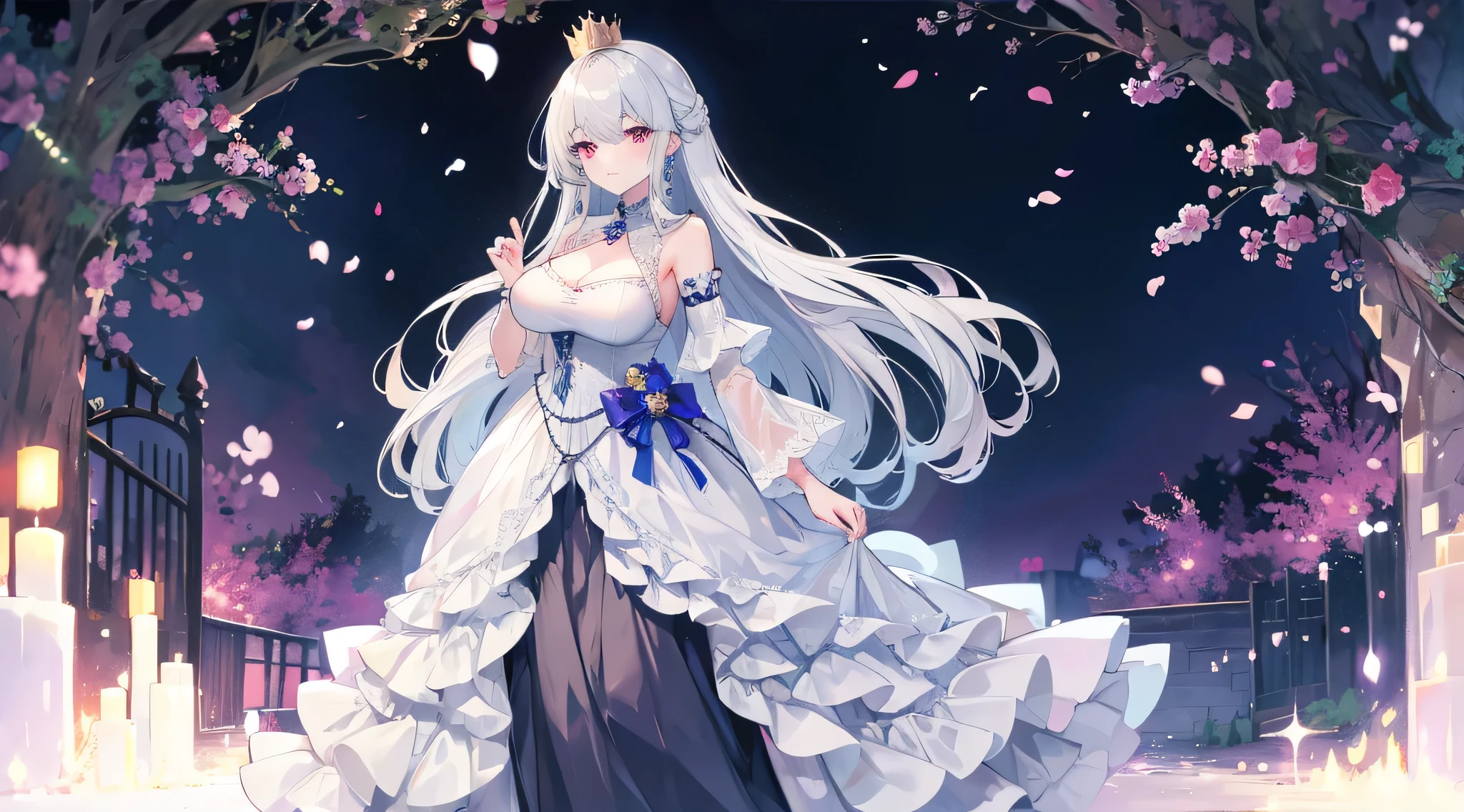 ((anime art style)),(masterpiece),(highest quality), (Super detailed),figure,((very delicate and beautiful)),focus on character,dynamic angle,looking at the viewer,((alone)),Are standing,(((whole body))),((one noble princess in Gorgeous ball gown with voluminous skirt)),detailed face and eyes,eyes like jewels,((very long voluminous hair)),gorgeous embroidery and lace,See-through,gorgeous frills,gorgeous jewelry ornaments,luxury hair ornaments,luxury jeweled tiara,(huge breasts,long chest),whole body,((Gorgeous ball gown with voluminous skirt))