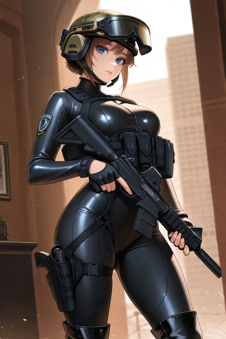 (work of art, Best quality, absurd, 4K, aesthetics, perfect eyes, perfect face, detailed, intricate, Perfect Lighting) 1 girl with fair skin, dark short hair, wears a dark red and black futuristic bodysuit, heroine , queen of an alien race, warrior, gentle smile