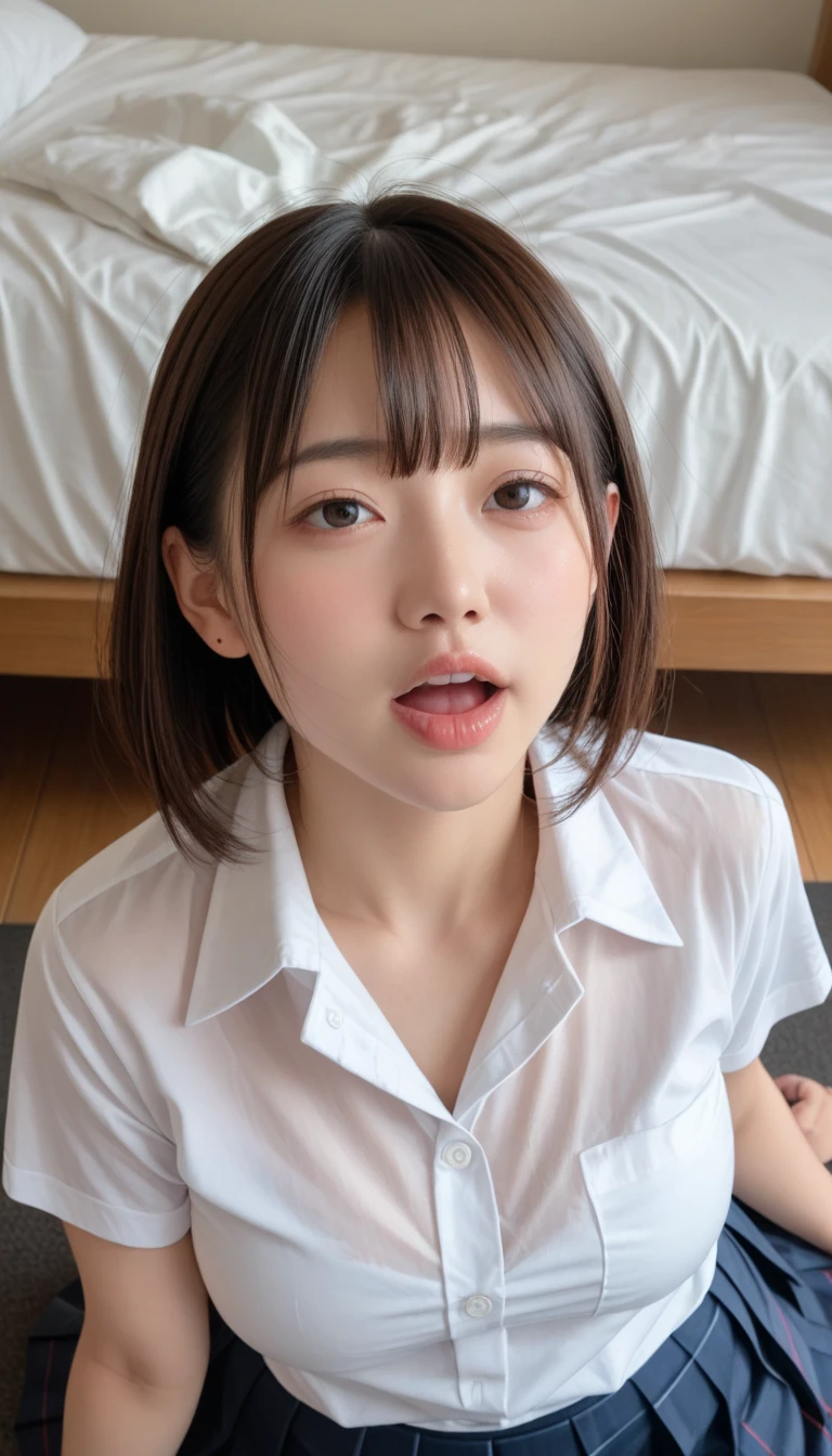 nsfw:1.1, (Ultra-realistic),(High resolutionのクローズアップ), Portrait of a girl from knee to head, Ultra-dense skin, Beautiful lighting, Awards - Winning Photos, (8K), (High resolution), (Best Illustration), (Highest quality), (Super detailed), (Masterpiece), (wallpaper), (High resolutionの目),(Beautiful fine details),(((Perfect Eyes))),Symmetrical eyes, Detailed fingers, ((Detailed face)),Perfect Face,(Perfect body), (shoot from below),(from below:1.3), ((In the background is a bright bedroom with a vase of roses:1.2)), (((Decorated chemise,skirt:1.3))), (((Masturbation,Handjob,Hands on the penis,hand job,Sitting Girl:1.2))),(((ahegao,ahegao,Are crying,Desperate look,Frowning,Close ~ eyes,Mouth half open:1.2))),looking up,looking view,Selfie:1.3, Hair tucked behind ear,((Show me your shaved armpits:1.2),Armpit,Armpit Nest), (Japanese women,Saggy but well-shaped, modest breasts,((The woman is wearing thin-rimmed glasses:1.2)), 30 years old, Height is 165cm,Chubby,obesity,Large pelvis and thighs),(Straight and shiny short hair),Shy face, mansuji,untamed pubic hair:1.3,Realistic and very wide pubic hair:1.5,(Natural pubic hair,Wide pubic hair,Long pubic hair,Thick pubic hair:1.2), Sweat,Sweating,Perfect big areola,((One nipple,Only one nipple is exposed through the clothes,Semen on only one breast,Cum in mouth:1.3))