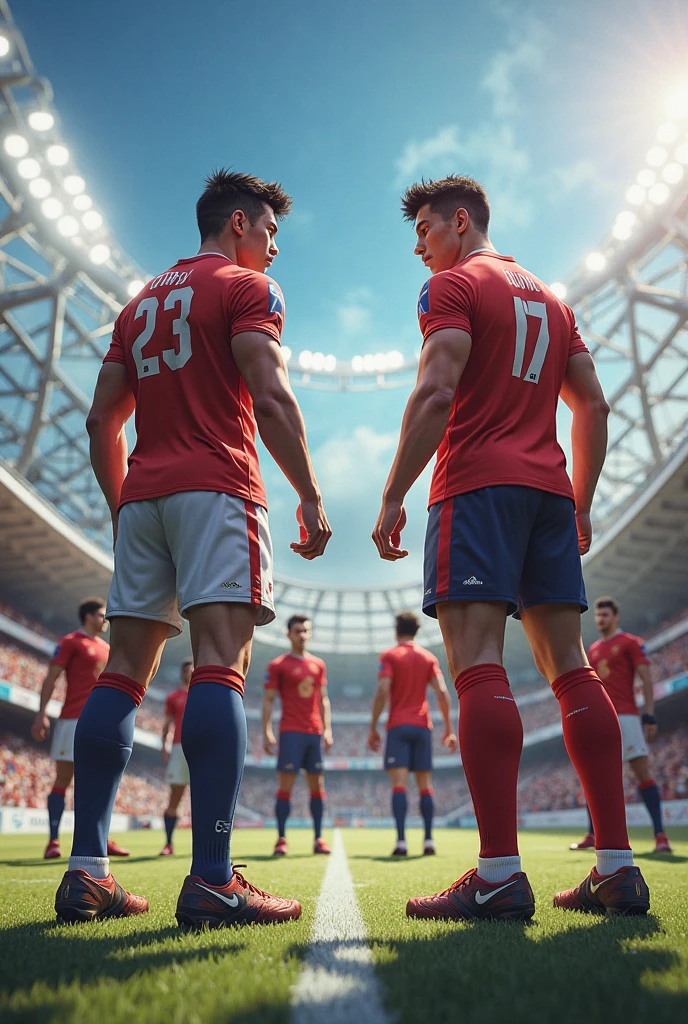 Two footballers are standing on the field to start a football game and a football is between them both of them are looking at each other