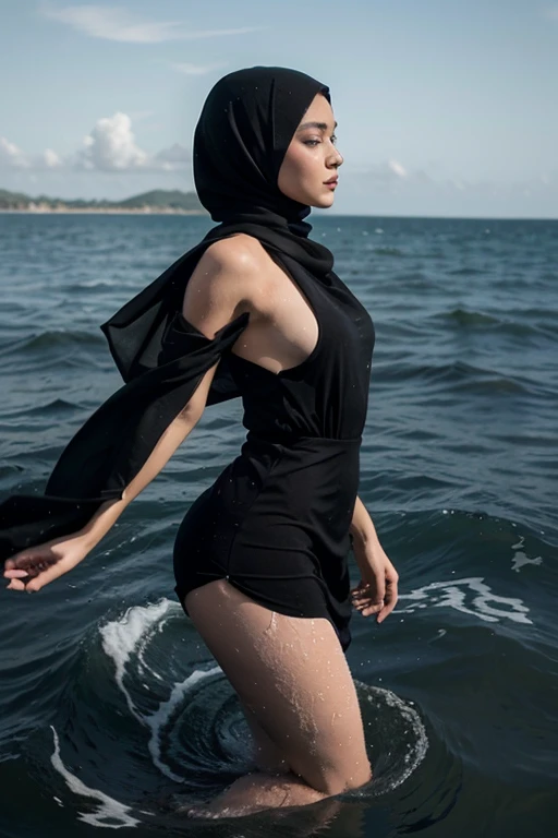 A captivating cinematic scene of a person wearing a sexy see-through clothing, their face concealed by a dark hood, standing on a rocky cliff overlooking the sea. A soft, eerie breeze is blowing, and the ocean shimmers with an ethereal glow. The person's eyes are closed as they seemingly fantasize about intense, passionate sexual encounters. The atmosphere is a mix of mystery, desire, and a touch of danger, as if the person's secret fantasies are being unveiled in the moonlight.