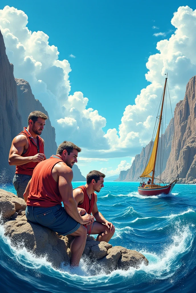 Landscape image from afar, tuna fishing boat, 9 people, 1 man, 1 woman, all facing forward, muscular, landscape illustration