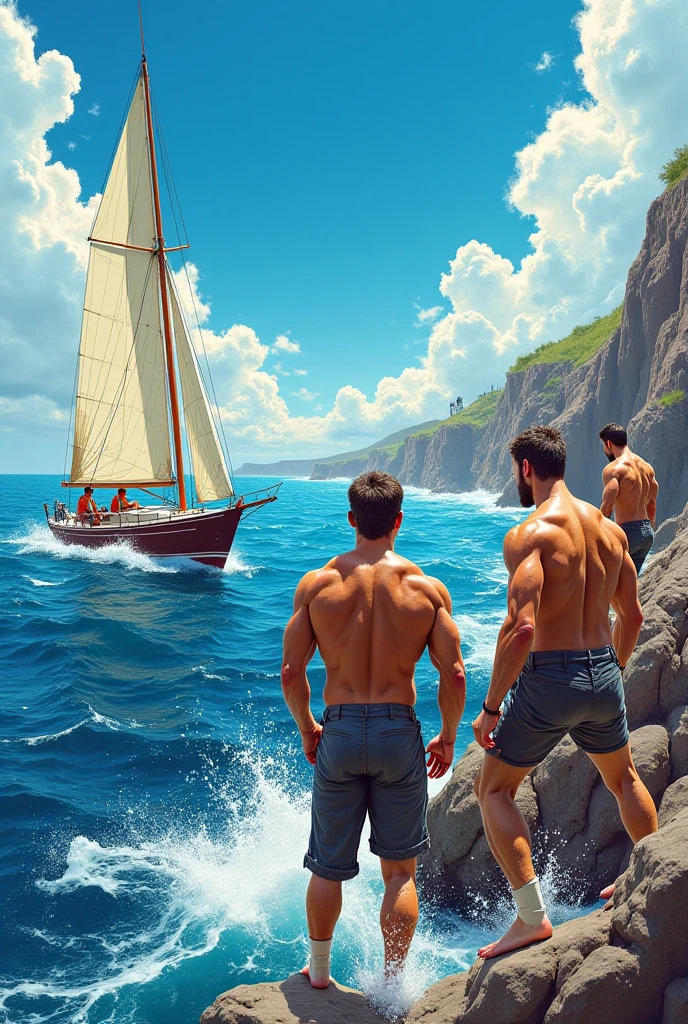 Close-up. Close-up for the viewer: - in a mountain lake, 2 soldiers are washing the shoulders and chest of a handsome and brave aristocrat, a fair-haired athletic guy, a Wehrmacht lieutenant, standing at full height, in only tight-fitting swimming trunks, 2 with an aristocratic face, a soldier's token hanging around his neck.