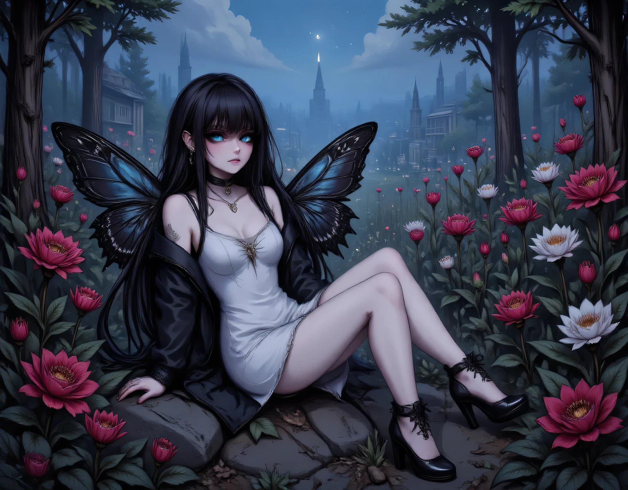  a picture of a dark female fairy resting in a flower meadow, extremely beautiful fairy, ultra feminine (intense details, Masterpiece, best quality), best detailed face (intense details, Masterpiece, best quality), having wide butterfly wings, spread butterfly wings (intense details, Masterpiece, best quality), dark colors wings (intense details, Masterpiece, best quality), black hair, long hair, shinning hair, flowing hair, shy smile, innocent smile, blue eyes, dark red lips, wearing white leather dress (intense details, Masterpiece, best quality), dynamic elegant shirt, chocker, wearing high heels, in dark colored flower meadow (intense details, Masterpiece, best quality), (red flowers: 1.2) , (white flowers: 1.2), (blue flowers: 1.3) [extreme many flowers] (intense details, Masterpiece, best quality), dark colorful flowers (intense details, Masterpiece, best quality), flower meadow in a dark goth field background high details, best quality, 16k, RAW, masterpiece, best quality, (extremely detailed), full body, ultra wide shot, photorealistic, dark fantasy art, goth art, RPG art, D&D art, dim light, cinematic light, High Detail, Ultra High Quality, High Resolution, 16K Resolution, Ultra HD Pictures, 3D rendering Ultra Realistic, Clear Details, Realistic Detail, Ultra High Definition, aidmaDarkGothicAnime, hyp3rd3tail style, invert color, 