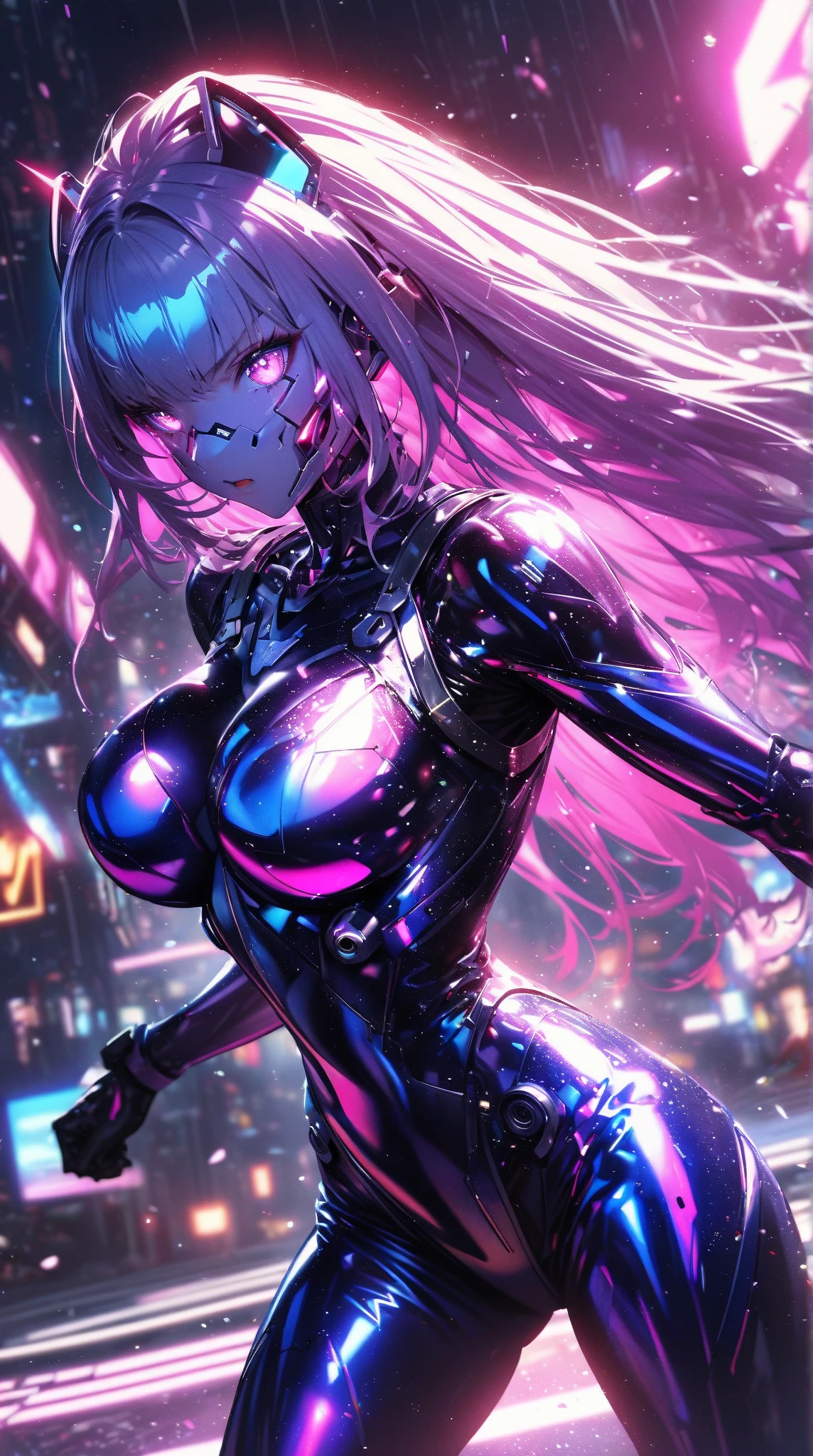 (((masterpiece, highest quality))), (((Sharp focus))), (thicker lines), 1girl, (((iridescent hair, very long hair))), (((floating hair))), earrings, (((sparkling neon eyes))), ((slanted eyes)), (thick eyeliner), eyeshadow, ((long eyelashes)), lips, (((android bodysuit))), (((medium breasts))), (((night))), (((night time))), (((neon glow))), (((neon city))), (((cyberpunk))), (((neon))), (((neon lights))), (((cowboy shot))), (glowart), Korean webtoon girl, big eyes, ombre lipstick, cute face, oval face, colored hair, curly hair, straight hair, (butterfly style), add_detail:0.5, InkAnime, COLORFULMIX, MULTICOLORED HAIR, WAVY HAIR, mksks,glowify,