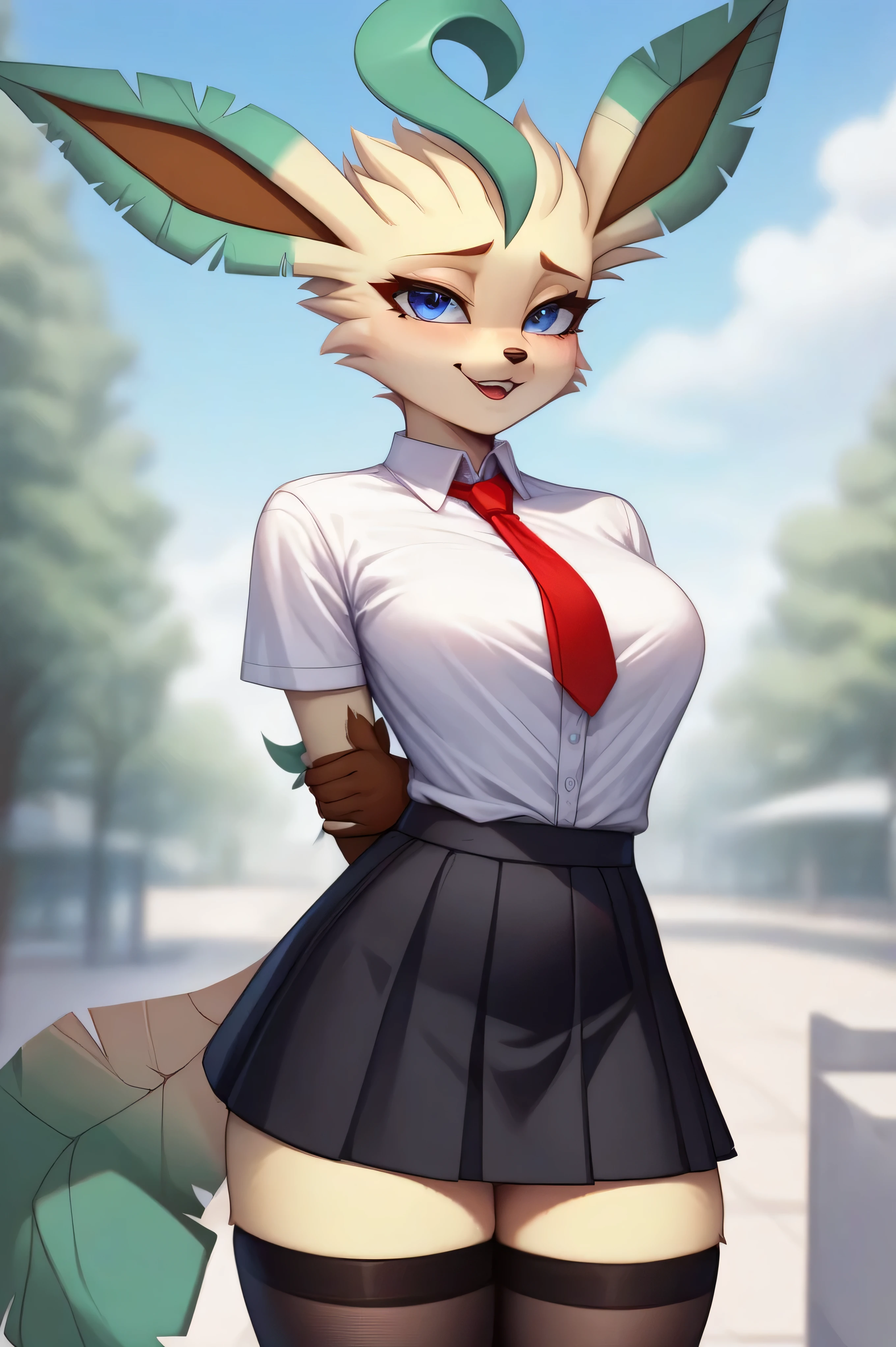 score_9, score_8_up, score_7_up, score_6_up, high quality, intricate details, high resolution, sharp focus, Expressive, solo, WhisperingVeil Style, better face, better eyes, 1girl, Leafeon (pokemon), pokemon generation 1, anthro, short hair, chool uniform, white shirt, red tie, black skirt, black thigh highs, black contours, furry art, commission for high res, blue eyes, stading straight, arms behind back, standing,