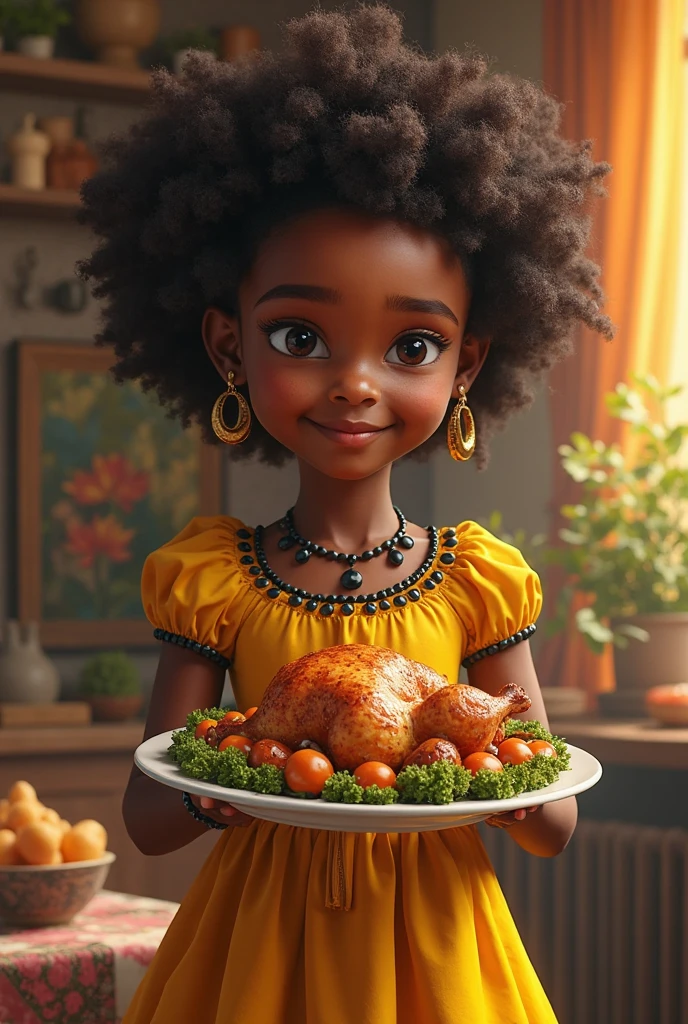 A young black girl dressed in yellow black and serving a dish of poultry
