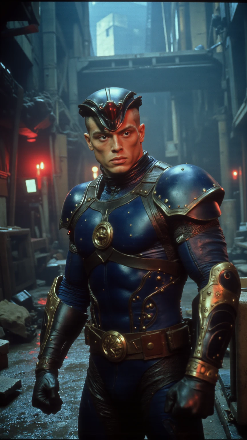 A cinematic close-up scene from an X-Men film, featuring Cyclops, portrayed by Central Cee. He wears a faithful rendition of his classic X-Men suit, a dark blue tactical bodysuit with golden accents, reinforced with armored plating on the shoulders and forearms. A leather utility belt with the iconic X-Men emblem sits at his waist. His signature ruby-quartz visor, sleek and futuristic, wraps around his eyes, reflecting a faint red glow. His short, sharp fade haircut is visible, enhancing his modern and rugged appearance.

Cyclops leans his head slightly forward, exuding intensity, while raising his fist in a powerful gesture, as if preparing for battle. His expression is focused, determined, and imposing, with an aura of confidence and leadership.

The environment is dark and industrial, resembling an abandoned underground bunker or a war-torn battlefield. Metallic debris and faintly flickering computer monitors hint at a recent conflict. The atmosphere is heavy with mist and dim red emergency lights, casting an ominous glow on the surroundings.

The lighting is cinematic and dramatic, reminiscent of a 1980s DVD screengrab, with deep contrast, grainy texture, and rich HDR tones. A strong key light from the side partially illuminates Cyclops' face, while shadows accentuate the contours of his features, giving a highly stylized, moody aesthetic.

In the background, dark silhouettes of towering metal structures and faint red neon reflections on wet metallic floors add to the dystopian ambiance. The walls are adorned with damaged panels, exposed wiring, and remnants of past battles, evoking the classic X-Men cinematic universe.

X-Men, gritty, cyberpunk, cinematic, ultra-realistic, HDR, 1980s film aesthetic.