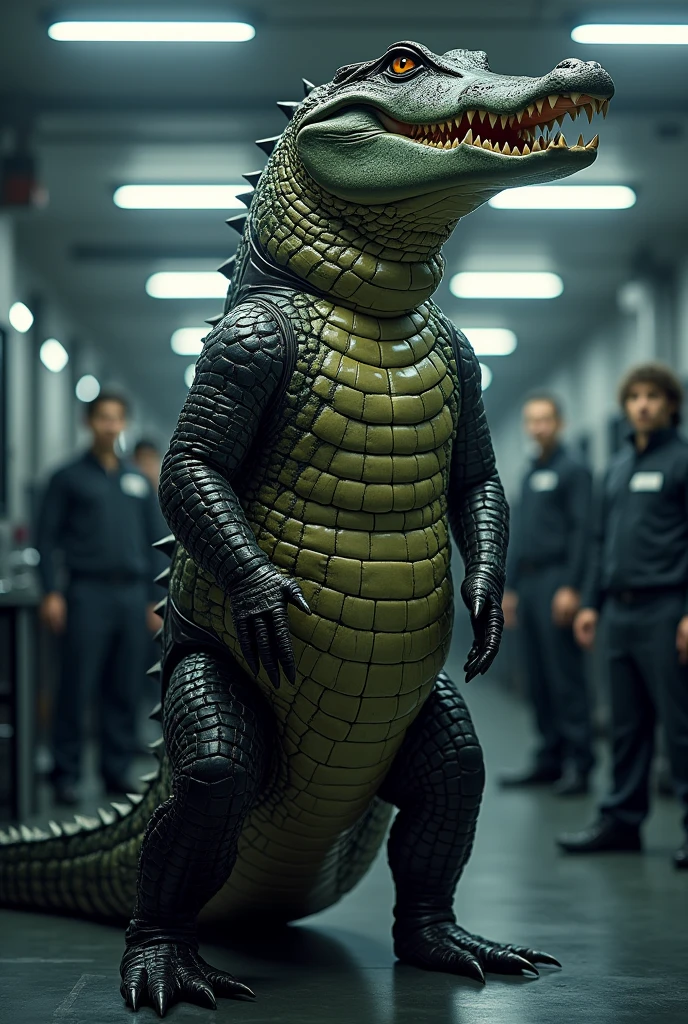 realistic photo of humanoid crocodile posing in bathing alien studded wetsuit, 4k, masterpiece, high quality