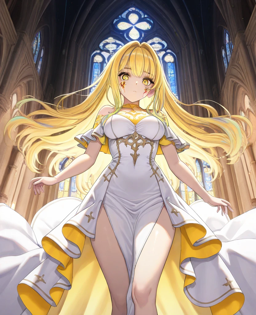 ((Highest quality)), ((masterpiece)), (detailed), (Perfect Face)、The woman is wearing a gorgeous, glittering, long-slit, gold-colored see-through Chinese dress with gold embroidery, a gold-colored veil, and a gold-colored see-through cape, as well as luxurious jeweled accessories.、The woman is the elegant Tsukino Usagi, with long blonde hair in a chignon twin tail.