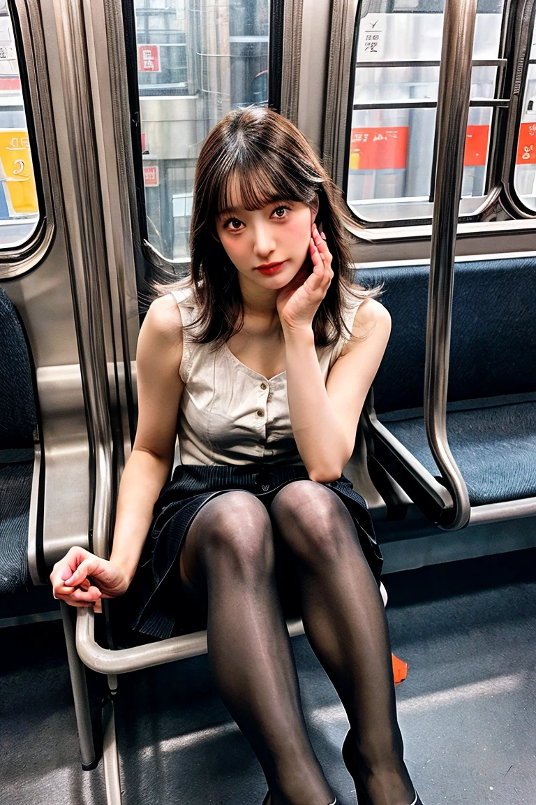 (masterpiece, Highest quality, 8k, RAW Photos, beautifully、beautiful:1.2), Intricate details, indirect lighting, Realistic,
whole body, Sitting on a chair on the train、Gazing at the audience、Voyeur、
Square neck button-down linen sundress, Short Bob、Glasses、(Ultra-realistic pantyhose)、
Women's training , Chair to sit under skirt,