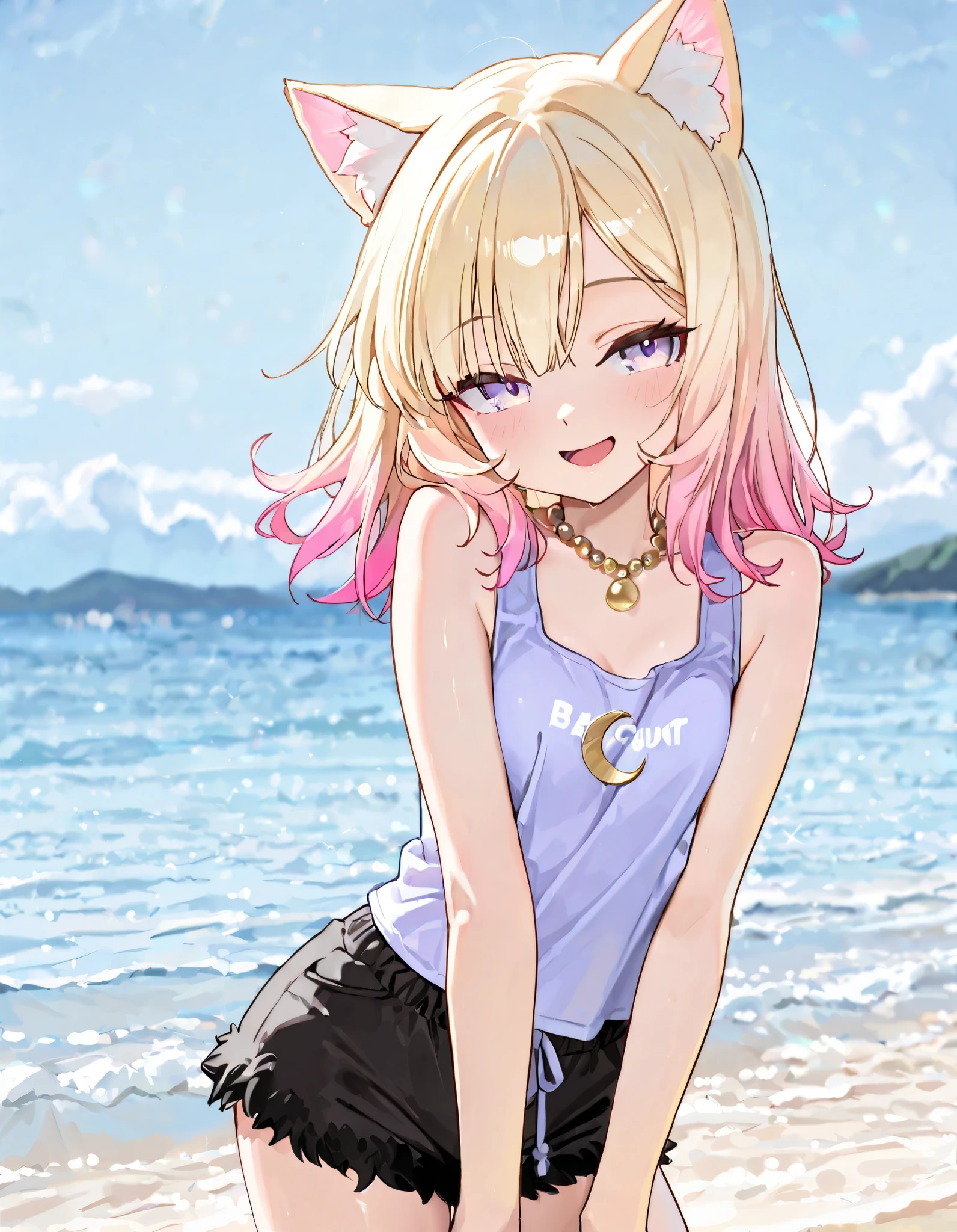 ((Masterpiece)), ((best quality)), (8K), ((portrait, cowboy shot)), (detailed background:1.2), (super detail:1.2),(High Definition:1.3), (Professional Photography:1.2), (very aesthetic:1.2), (absurdres:1.2), (sharp focus), ((1girl)), (cute young girl), Textured skin, (seductive smile, :d), (pale purple eyes, gradient eyes, looking at side), Beautiful collarbone, (Healthy Gaunt body), ((put on cat ears)), (small breast), (Asymmetrical long bangs), unruly hair, medium hair, ((beautiful blond hair, gradient hair, pink color Hair Tip)), (cute cheeks), glossy lips, pouty lips, (lower eyelashes), BREAK, (tanktop writing crescent, fancy tanktop, fur shorts), gold beads necklace, silk sarong, ((chest squeezed together)), (leaning back), ((contrapposto, Standing on the Coastal View)), sunnyday, Beautiful Horizon Background, specular reflection,