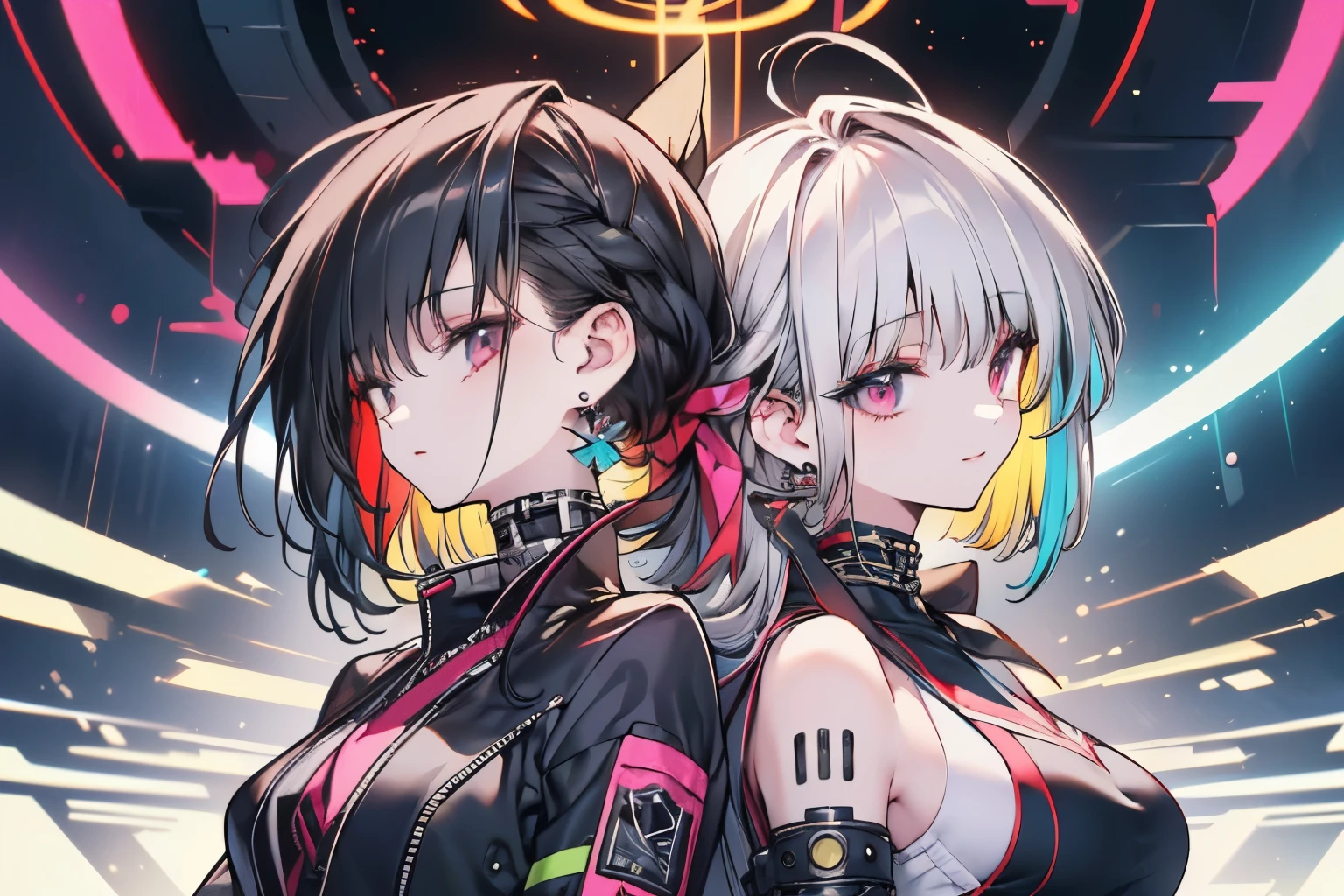 (masterpiece, Highest quality, Highest quality, Official Art, beautiful 、refined:1.2), ( 2girls :1.3), very well detailed,( Fractal Art :1.1),( colorful :1.1),highest resolution , ( 青いネオンライトの背景とcyberpunkな街並み:1.3), ( shiny skin), (multicolor braided pattern:1.4), ,( earrings:1.4), ,( side hair tied with ribbon )( cyber dress )(Low-angle composition)( Virtual )(cyber display)(cyberpunk)( songs)(smile)