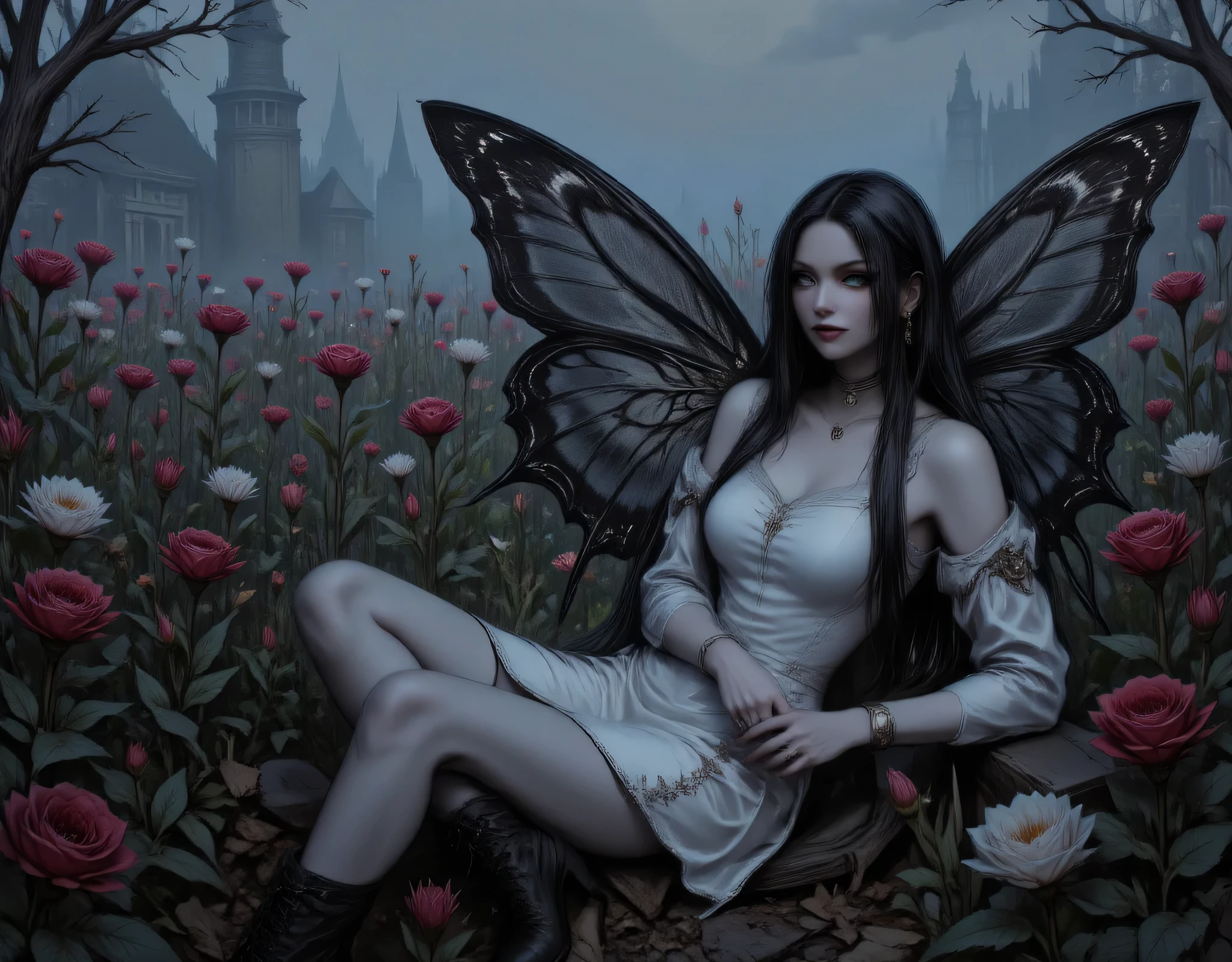  a picture of a dark female fairy resting in a flower meadow, extremely beautiful fairy, ultra feminine (intense details, Masterpiece, best quality), best detailed face (intense details, Masterpiece, best quality), having wide butterfly wings, spread butterfly wings (intense details, Masterpiece, best quality), dark colors wings (intense details, Masterpiece, best quality), black hair, long hair, shinning hair, flowing hair, shy smile, innocent smile, blue eyes, dark red lips, wearing white leather dress (intense details, Masterpiece, best quality), dynamic elegant shirt, chocker, wearing high heels, in dark colored flower meadow (intense details, Masterpiece, best quality), (red flowers: 1.2) , (white flowers: 1.2), (blue flowers: 1.3) [extreme many flowers] (intense details, Masterpiece, best quality), dark colorful flowers (intense details, Masterpiece, best quality), flower meadow in a dark goth field background high details, best quality, 16k, RAW, masterpiece, best quality, (extremely detailed), full body, ultra wide shot, photorealistic, dark fantasy art, goth art, RPG art, D&D art, dim light, cinematic light, High Detail, Ultra High Quality, High Resolution, 16K Resolution, Ultra HD Pictures, 3D rendering Ultra Realistic, Clear Details, Realistic Detail, Ultra High Definition, aidmaDarkGothicAnime, hyp3rd3tail style, invert color, 