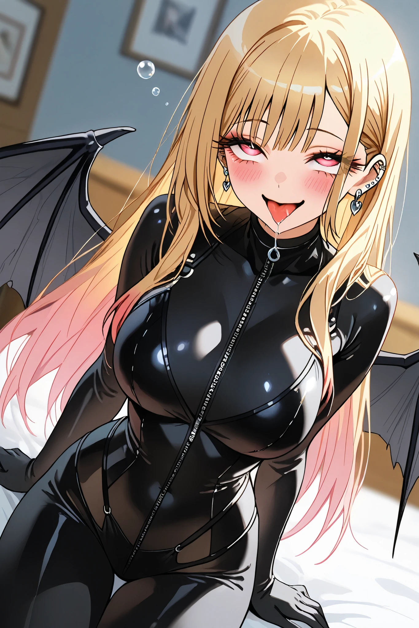 marin_kitagawa,1 female,solo,pretty,
front,lower body,from front,
blonde,long hair,side part bang,cut bangs,
colored inner hair,
red eyes,beautiful eyes,
big eyes,slant eyes,sleepy eyes,
long eyelashes,
fallen angel(1.3),
black big bat wing from back,
black leather bodysuits,
beautiful legs,thin thighs,thin calves,
large breasts,thin waist,
smile,blushing,drooling,tearful eyes,
rolling eyes,open mouth,tongue out,
I can see panties,cowboy shot,dutch angle,
perfect face,beautiful skin,
anatomically correct,
best quality,super detailed,
highest quality,masterpiece,high quality,
blurred background,
indoor,on bed,bedroom