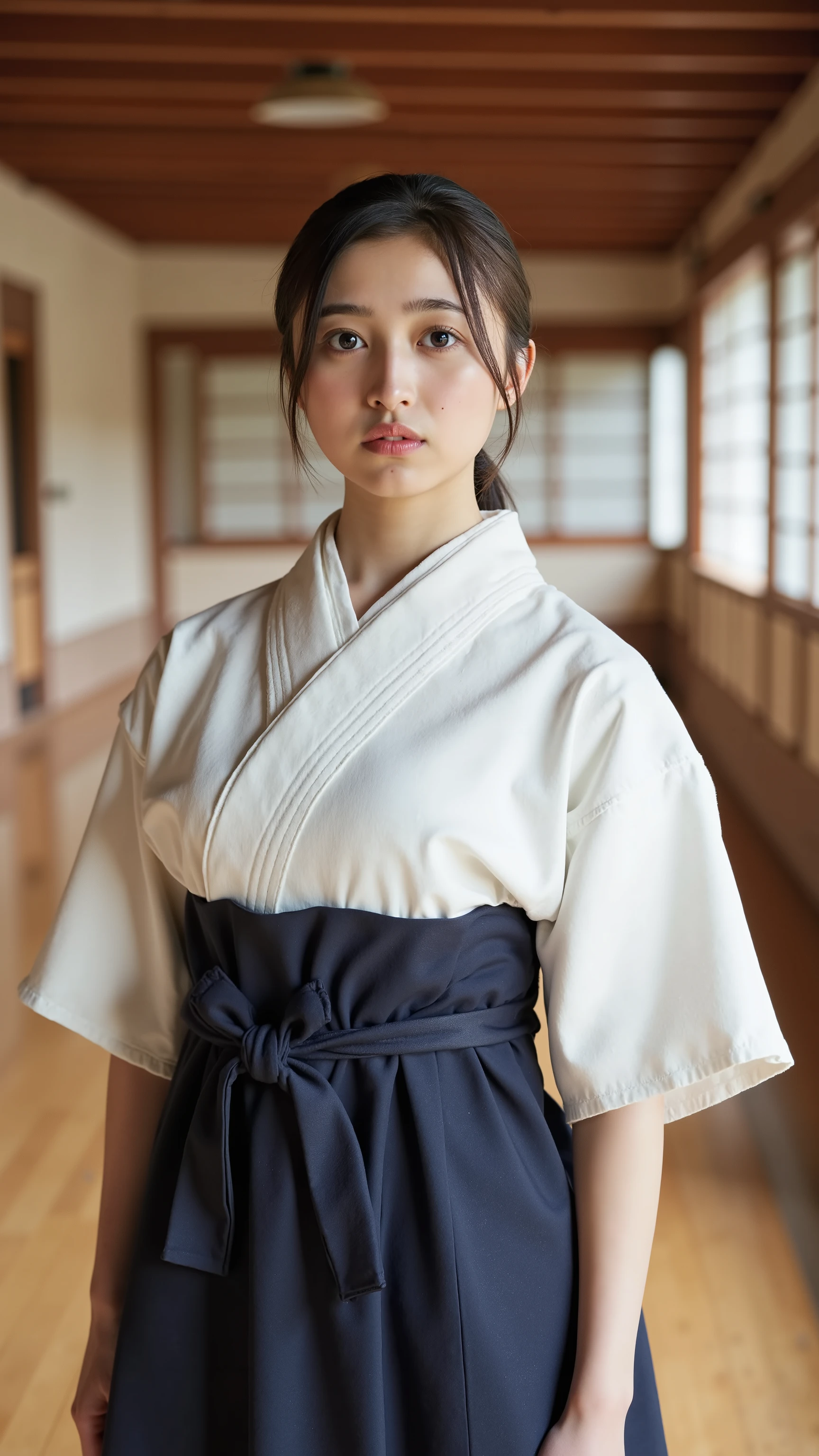A high resolution photograph of a Japanese young woman in a traditional kyudo uniform, standing in an authentic kyudo dojo.
She is wearing a white short-sleeve uwagi and a dark navy hakama.
The background features traditional wooden architecture and a serene dojo atmosphere, capturing the elegance and precision of Japanese archery culture.
The lighting is natural and soft, emphasizing the calm and respectful ambiance of the scene.
Her hairstyle is black hair tied back, showing her forehead. Photoshooting her whole body.
The amazing quality, extreme details, intricate details, sharp focus, rich contrast and realistic use of professional lighting techniques make this photograph a masterpiece.