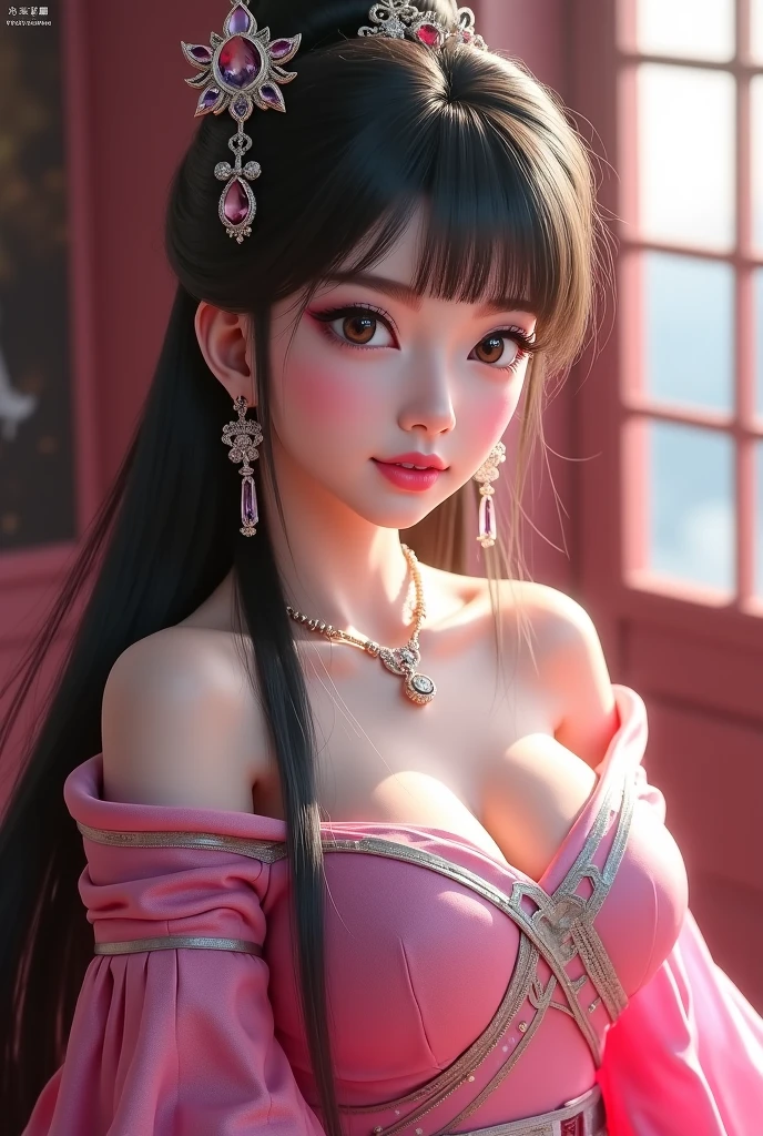 Gentle and charming Chinese beautiful woman, half body photo, delicate and sexy collarbone, charming oval face, double eyelids, smart peach blossom eyes, pink lips, small upturned nose, bare shoulders, focused face, face close-up, ultra-high-definition, Super detailed and standing elegantly, this appliquéd cotton-jersey sweatshirt is crafted from a mid-weight cotton-jersey with a small appliqué on the chest and has a loose, slouchy silhouette. Wear it with jeans.