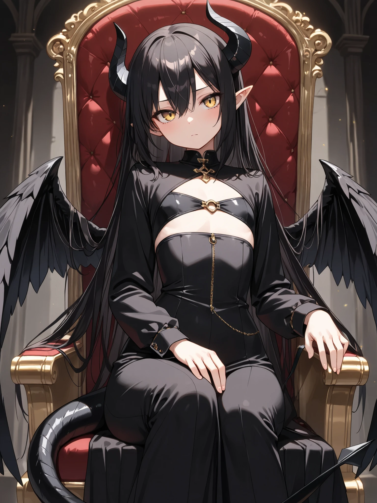 ((masterpiece, best quality, extremely detailed)), A ta Dragon girl Black Hairs , black horns , pointed ears , Golden eyes , small chest , black tail , black wings , black outfit , sitting on throne, both hand down