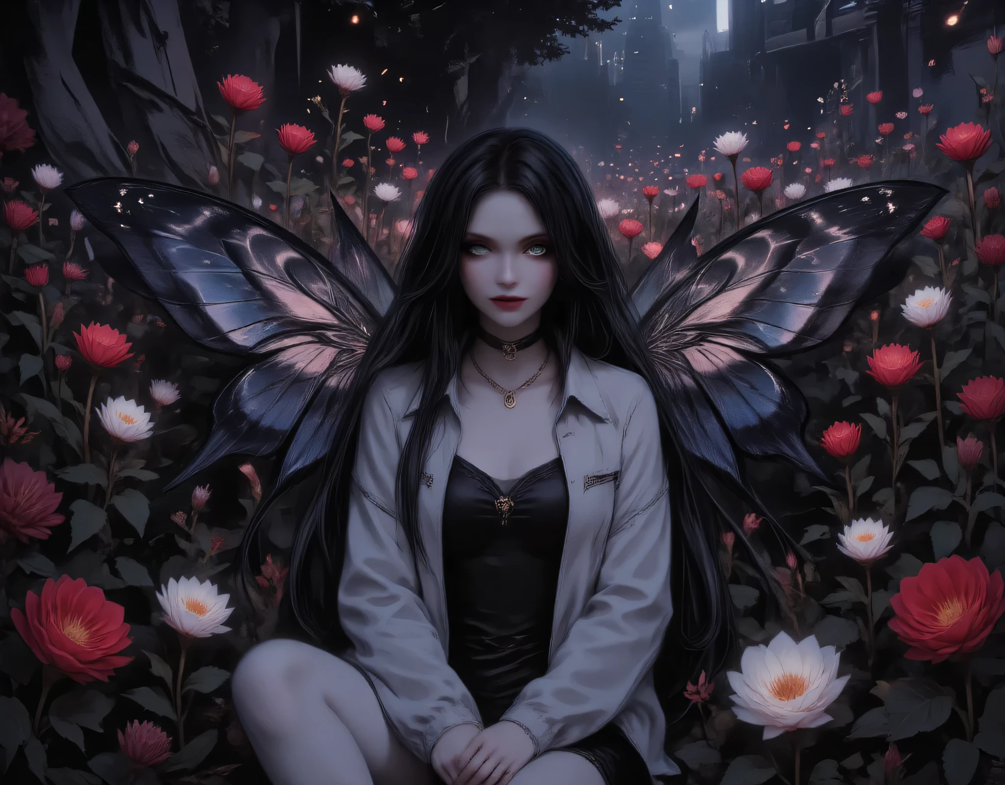  a picture of a dark female fairy resting in a flower meadow, extremely beautiful fairy, ultra feminine (intense details, Masterpiece, best quality), best detailed face (intense details, Masterpiece, best quality), having wide butterfly wings, spread butterfly wings (intense details, Masterpiece, best quality), dark colors wings (intense details, Masterpiece, best quality), black hair, long hair, shinning hair, flowing hair, shy smile, innocent smile, blue eyes, dark red lips, wearing white leather dress (intense details, Masterpiece, best quality), dynamic elegant shirt, chocker, wearing high heels, in dark colored flower meadow (intense details, Masterpiece, best quality), (red flowers: 1.2) , (white flowers: 1.2), (blue flowers: 1.3) [extreme many flowers] (intense details, Masterpiece, best quality), dark colorful flowers (intense details, Masterpiece, best quality), flower meadow in a dark goth field background high details, best quality, 16k, RAW, masterpiece, best quality, (extremely detailed), full body, ultra wide shot, photorealistic, dark fantasy art, goth art, RPG art, D&D art, dim light, cinematic light, High Detail, Ultra High Quality, High Resolution, 16K Resolution, Ultra HD Pictures, 3D rendering Ultra Realistic, Clear Details, Realistic Detail, Ultra High Definition, aidmaDarkGothicAnime, invert color, 