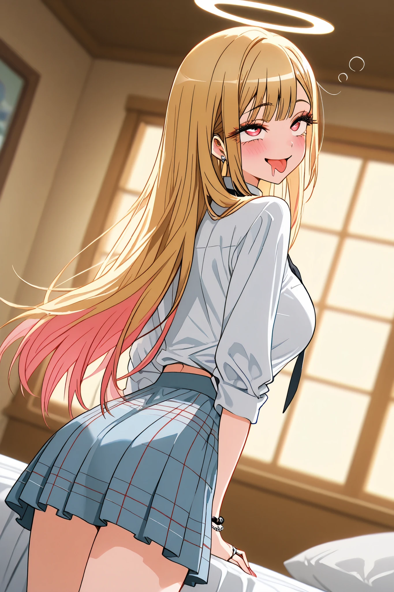 marin_kitagawa,1 female,solo,pretty,
front,lower body,from behind,

blonde,long hair,side part bang,cut bangs,
colored inner hair,

red eyes,beautiful eyes,
big eyes,slant eyes,sleepy eyes,
long eyelashes,

angel（1.3）,miniskirt,
white big bird wing from back,
ring of light on the head,

beautiful legs,thin thighs,thin calves,
large breasts,thin waist,

smile,blushing,drooling,tearful eyes,
rolling eyes,open mouth,tongue out,
I can see panties,cowboy shot,dutch angle,

perfect face,beautiful skin,
anatomically correct,

best quality,super detailed,
highest quality,masterpiece,high quality,
blurred background,

indoor,on bed,bedroom