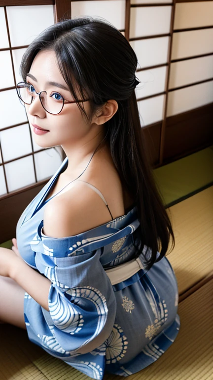 17 age(japanes、A slender、small tits、fullnude、Wear round glasses、cute little)、traditional Japanese room、with light glowing、Erotic atmosphere、Looking here、eyes gentle、thin lipss、Cross-legged、Shiny skin、Pounding in the chest、alluring face、2is leaning against his chest with his arms、A face that seems to reach
