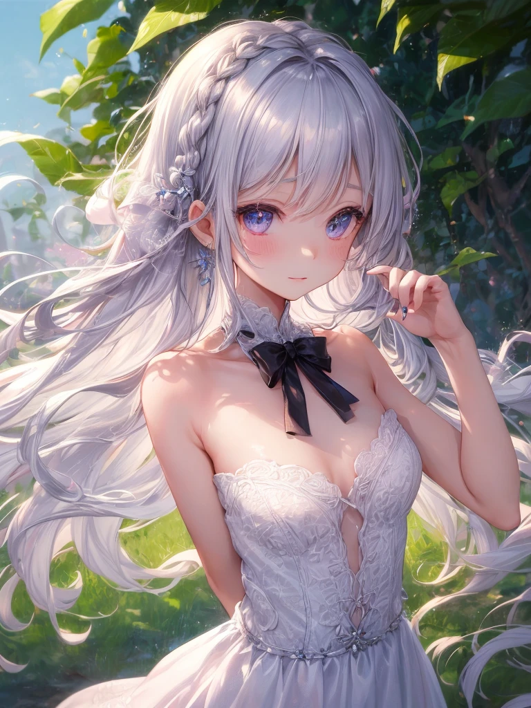 masterpiece, best quality, illustration, (depth of field, bokeh, dynamic lighting:1.3), cinematic lighting, sharp focus, (hyper-detailed, bloom, glow, from side:1.4),
1girl 20yo, cute, beautiful, Noble, delicate facial features, detailed eyes, sharp pupils, realistic pupillue white dress, pink, pink platinum earrings, pink platinum necklace, pink many small gems)),
((cleavage of the breast, very soft breasts:1.35)),