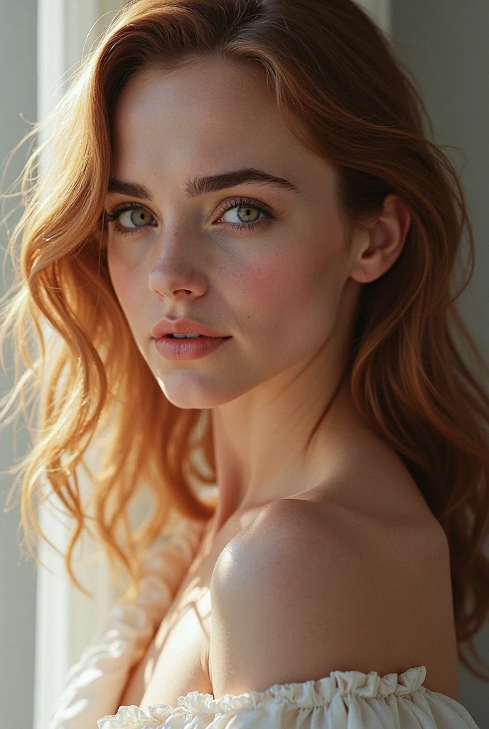 create an ultra realistic photograph portrait of a redhead model in mid 30s with pale skin and freckles