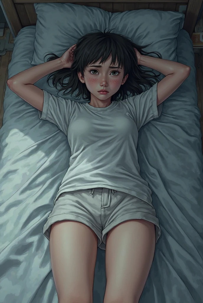 A young woman lies in bed with her foot in a curative cast. The room is dimly lit, with a window in the background showing dense, dark woods. Her expression is thoughtful and slightly anxious, hinting at a deeper story. The womman has black hair, slightly curled. 