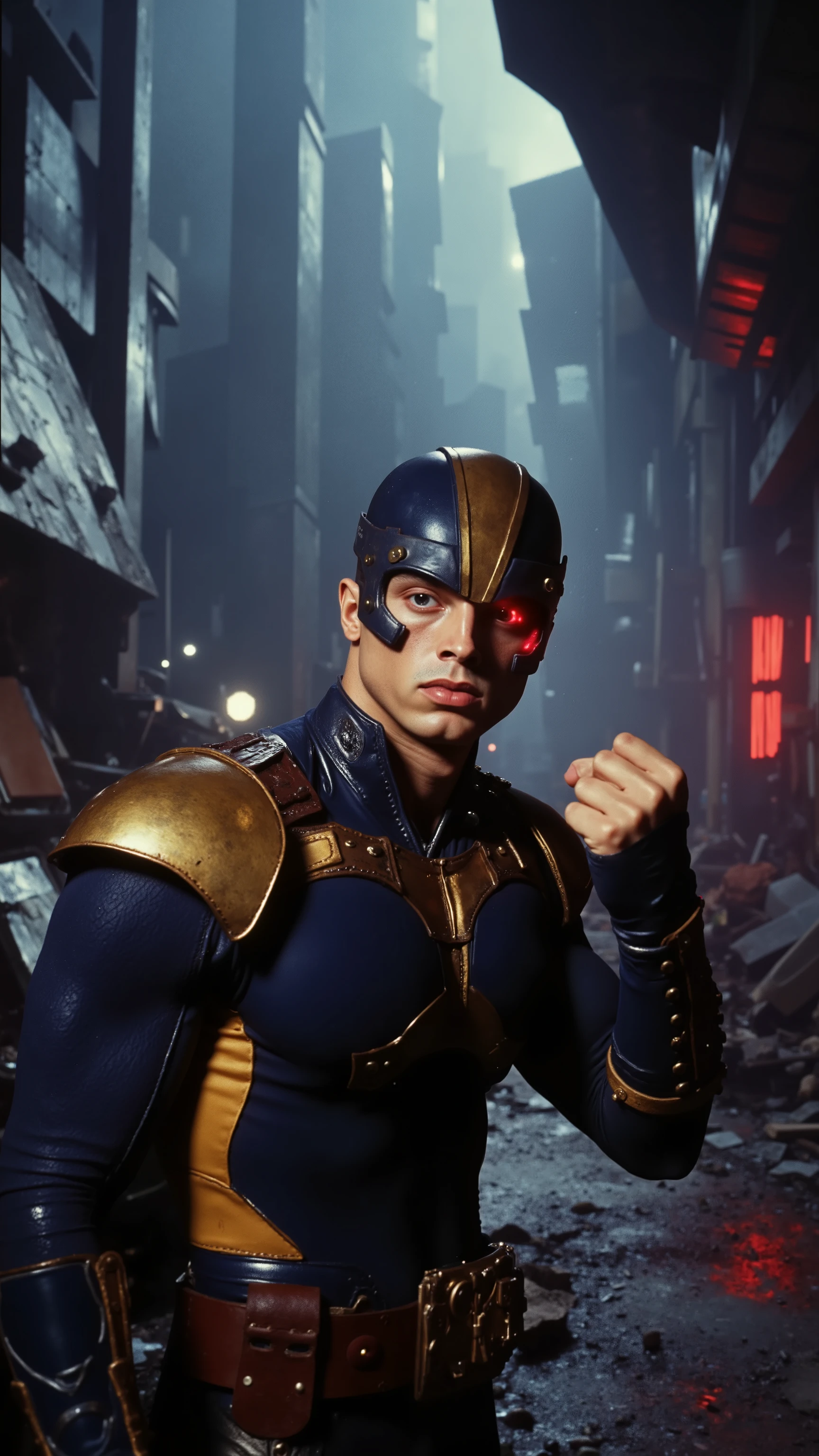 A cinematic close-up scene from an X-Men film, featuring Cyclops, portrayed by Central Cee. He wears a faithful rendition of his classic X-Men suit, a dark blue tactical bodysuit with golden accents, reinforced with armored plating on the shoulders and forearms. A leather utility belt with the iconic X-Men emblem sits at his waist. His signature ruby-quartz visor, sleek and futuristic, wraps around his eyes, reflecting a faint red glow. His short, sharp fade haircut is visible, enhancing his modern and rugged appearance.
Cyclops leans his head slightly forward, exuding intensity, while raising his fist in a powerful gesture, as if preparing for battle. His expression is focused, determined, and imposing, with an aura of confidence and leadership.
The environment is dark and industrial, resembling an abandoned underground bunker or a war-torn battlefield. Metallic debris and faintly flickering computer monitors hint at a recent conflict. The atmosphere is heavy with mist and dim red emergency lights, casting an ominous glow on the surroundings.
The lighting is cinematic and dramatic, reminiscent of a 1980s DVD screengrab, with deep contrast, grainy texture, and rich HDR tones. A strong key light from the side partially illuminates Cyclops' face, while shadows accentuate the contours of his features, giving a highly stylized, moody aesthetic.
In the background, dark silhouettes of towering metal structures and faint red neon reflections on wet metallic floors add to the dystopian ambiance. The walls are adorned with damaged panels, exposed wiring, and remnants of past battles, evoking the classic X-Men cinematic universe.
X-Men, gritty, cyberpunk, cinematic, ultra-realistic, HDR, 1980s film aesthetic.
