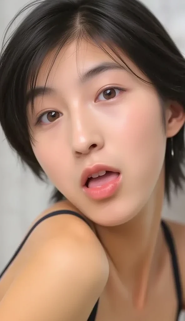 hyperrealistic illustrations、High resolution 8K、With highly detailed illustrations、A masterpiece characterized by beautiful detailed eyes。Perfect as wallpaper、Features a detailed face。The figure is drooping and sweating a little.、It is a short-haired Japan girl with a close-up of the upper body and the armpits。She is wearing a simple white tank top.、The inner color is the key。She is portrayed solo、The background is simple。pure、She has big。This work is a detailed depiction of a camel's toe。(best quality,4k,8k,highres,masterpiece:1.2), ultra-detailed,(realistic,photorealistic,photo-realistic:1.37)High-quality images。