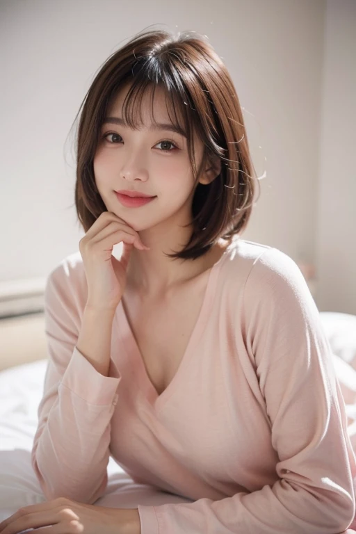 ((Highest quality、8K、masterpiece:1.3))、One Girl、Hairstyle Casual Ultra Slim Face、Delicate eyes、double eyelid、Laughter、Home、short hair