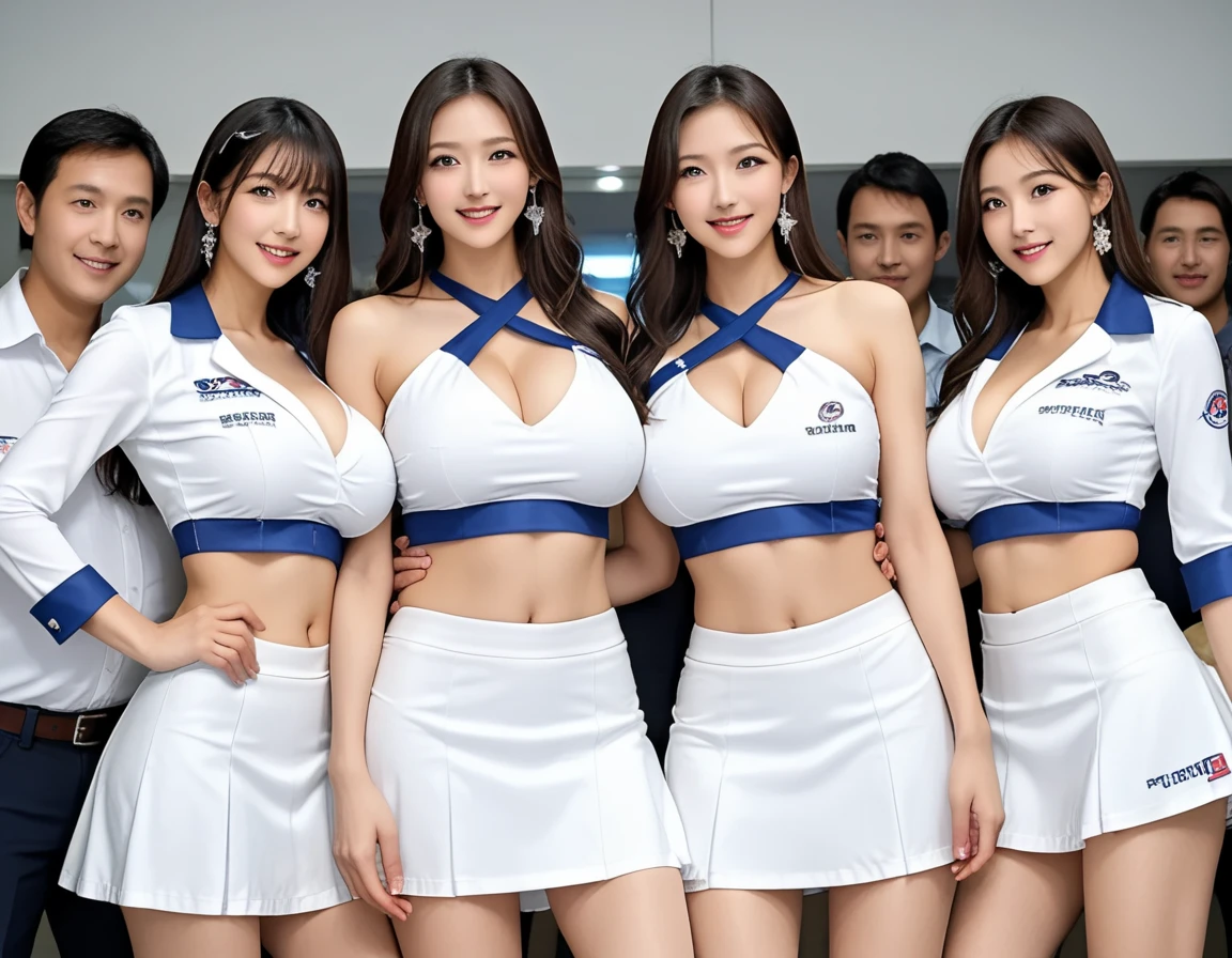 ((((Form fitting blue metallic car racing suit)))),(((Dynamic pose))),(((Abdominal Peek))),(((Show under the chest ))),(((Blue metallic and white miniskirt lift))),Earrings、(Cylace queen long boots:2.0)、(Good topless:2.0)、(Big Breasts:1.3), (smile:1.0), 観客にスポットLightを当てる, (,(Spread your chest wide:1.5), (Sexy pose),(Without helmet), (((Bare inner thighs))),(((F1 cars on display))),Ulzzang-6500-v1.1, (Original photo:1.2), (Realistic:1.4), Three beautiful and delicate girls, Very detailedな目と顔, Beautiful and delicate eyes, Very detailed, High resolution, highest quality,masterpiece, Very detailed, 8k wallpaper, wonderful, Fine details, highest quality, There is Light on the face,Light,One Girl,(Car Race Track),Beautiful Eyes,smile,Open your mouth、break,Titty fuck,laRge 胸