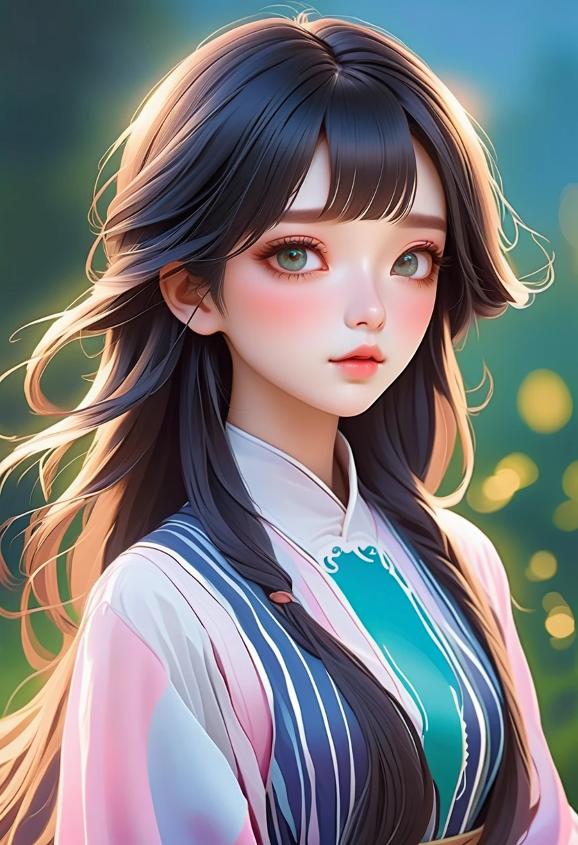 "High quality, a girl, alone, long pink hair, delicate European features, turquoise eyes, vistas,"