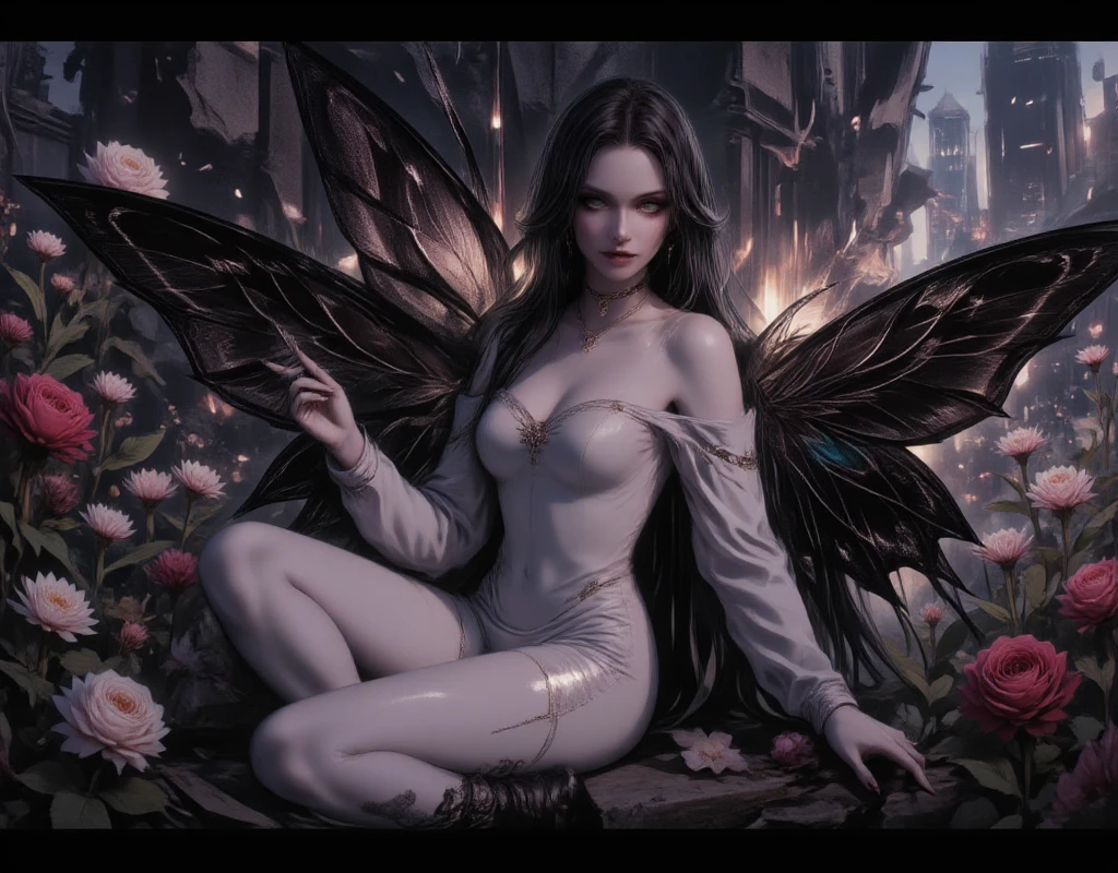 high details, best quality, 16k, RAW, [best detailed], masterpiece, best quality, (extremely detailed), full body, ultra wide shot, photorealistic, dark fantasy art, goth art, RPG art, D&D art, a picture of a dark female fairy resting in a flower meadow, extremely beautiful fairy, ultra feminine (intense details, Masterpiece, best quality), best detailed face (intense details, Masterpiece, best quality), having wide butterfly wings, spread butterfly wings (intense details, Masterpiece, best quality), dark colors wings (intense details, Masterpiece, best quality), black hair, long hair, shinning hair, flowing hair, shy smile, innocent smile, blue eyes, dark red lips, wearing ((white: 1.5)) lace dress (intense details, Masterpiece, best quality), (lace: 1.5) corset (intense details, Masterpiece, best quality), dynamic elegant shirt, chocker, wearing high heels, in dark colored flower meadow (intense details, Masterpiece, best quality), (red flowers: 1.2) , (black flowers: 1.2), (white flowers: 1.2), (blue flowers: 1.3) [extreme many flowers] (intense details, Masterpiece, best quality), dark colorful flowers (intense details, Masterpiece, best quality), flower meadow in a dark goth field background, dim light, cinematic light, High Detail, Ultra High Quality, High Resolution, 16K Resolution, Ultra HD Pictures, 3D rendering Ultra Realistic, Clear Details, Realistic Detail, Ultra High Definition, DonMF41ryW1ng5XL