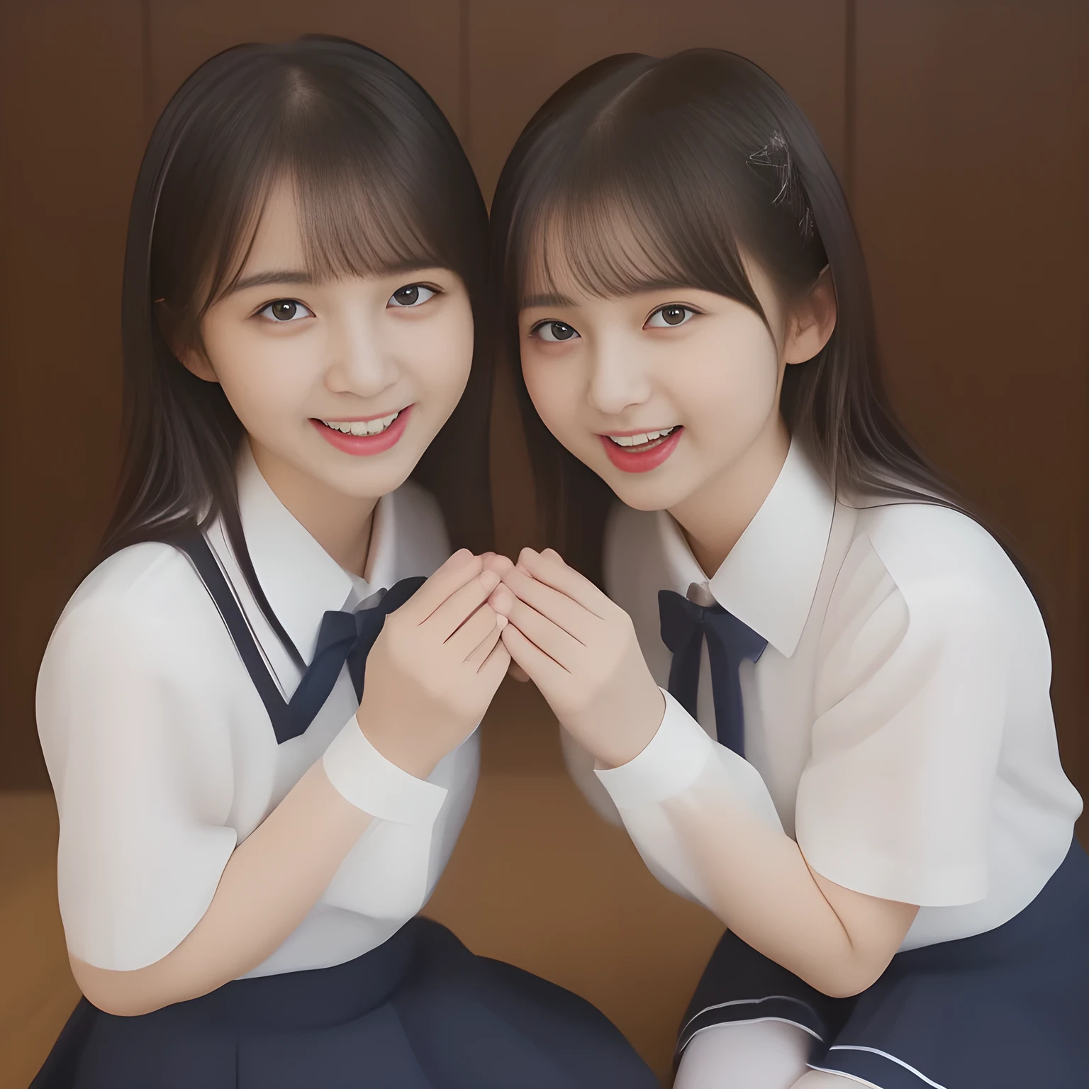 (masterpiece, best quality:1.2), High resolution, 1080P, 8K, 1girl, solo, (((Too beautiful Two zinomy noble lovely idols)) are seated on the viewer's leg and caressing the viewer together. Beautiful face looking down. All the girls are noble, neat, intelligent and beautiful slender, maximum laughter of happiness, neat seducing uniform and skirt: 1.8), (Incredibly well organized pure white face, Glossy lips, Very long black beautiful straight hair like a hair model, (((Pure and clear wet noble smiling large eyes))), (((Noble and neat and noble))) Japanese school uniform, (red cute school ribbon bow-tie), girly & fluttering ((frilled gorgeous expensive white school blouse)), puffed sleeves, (cutest well-pleated noble (navy blue skirt)): 1.9) ,(beautiful legs, white socks and school loafers), (Using expensive face-whitening cosmetics to make her skin more beautiful and pure by professional makeup artist: 1.0), (The neat beautiful two succubi know well about the viewer's super fetishism for school uniforms, and satisfies it completely with skirt: 1.0), (well detailed face and seducing eyes: 1.8), (All the girls are giving the the viewer's one extreme happiness of beautiful hands and skirt: 1.5), (Two beautiful zinomy girls caress and squeeze the viewer's one passionately tenderly together with Beautiful open mouth and hands: 2), (Neat, clean, clear, noble harem atmosphere: 1.8), (hypnosis of angelic (soprano voice chorus) allusion: 2)