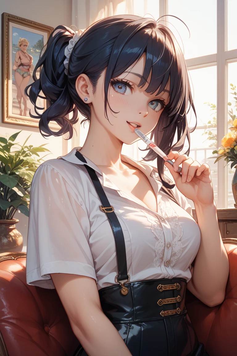 (1lady solo, sitting, office worker), ((black vest:1.1) over white sleeveless dress shirt), mature female, /(dark brown hair/), French twist updo hair, kind smile, (masterpiece best quality:1.2) delicate illustration ultra-detailed, sagging gigantic huge breasts, bowtie BREAK (modern office) indoors, (reception desk), (stylish company logo on wall) , detailed background, ((showing hairy armpit hair)), hand behind the head, zoom upper body, thick makeup 