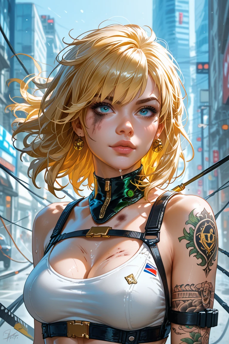 masterpiece,best quality, official art, extremely detailed CG unity 8k wallpaper, ((top quality, 8k, masterpiece: 1.3, ultra hd, high quality, best quality, high definition, ((realism)), sharp focus: 1.5,（Very detailed CG unity 8K wallpaper), Dark Cinematic Lighting, cinematic lighting, sooahdef \(Secret Class\), medium breasts, fair skin,sexy bra), Looking at the viewer, room background, The best quality,golden brown hair, sweaty body, blue eyes,upper body, cleavage, collarbone, 3:4